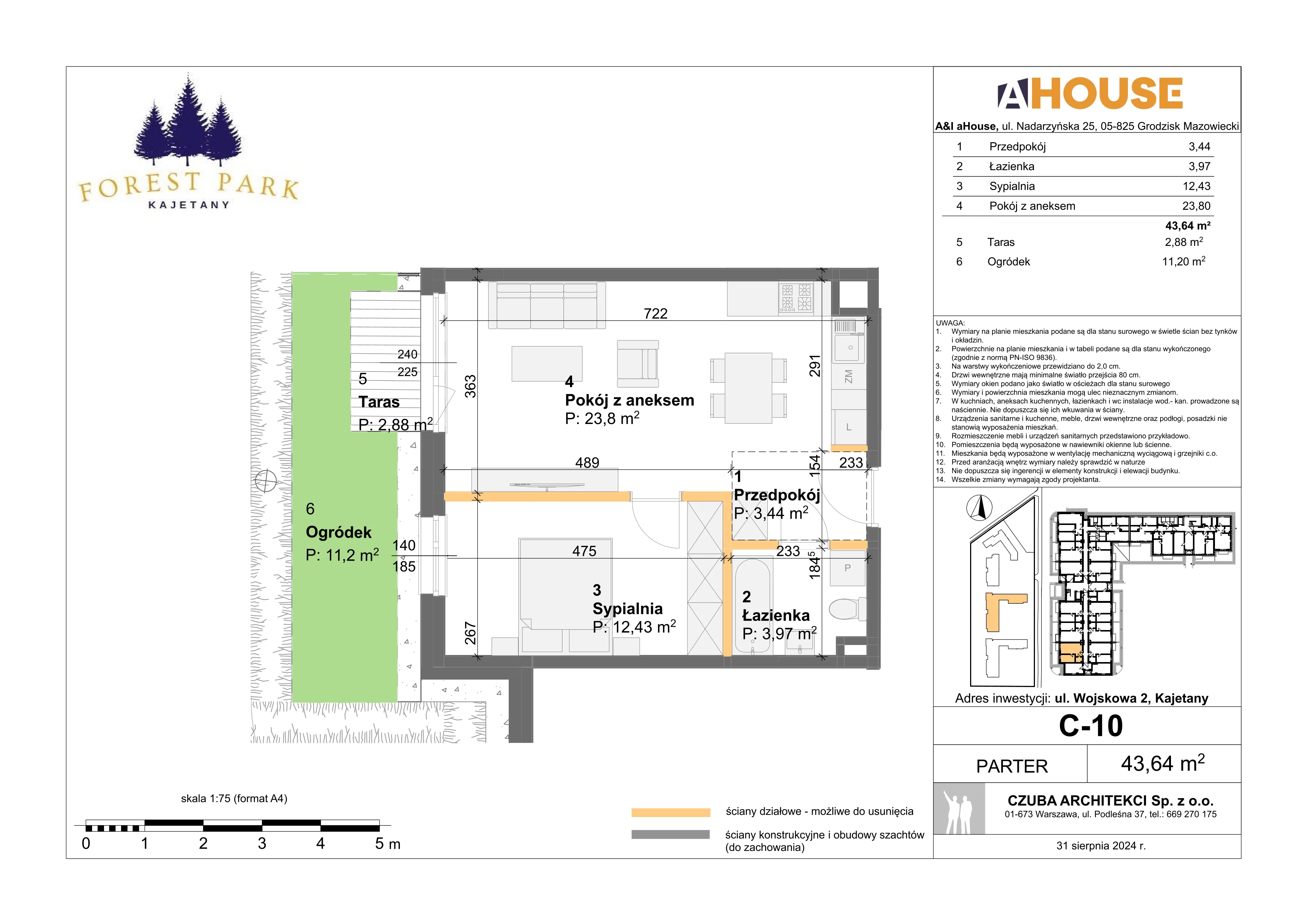 2 pokoje, mieszkanie 43,64 m², parter, oferta nr C-10, Forest Park Kajetany, Nadarzyn, ul. Wojskowa 2