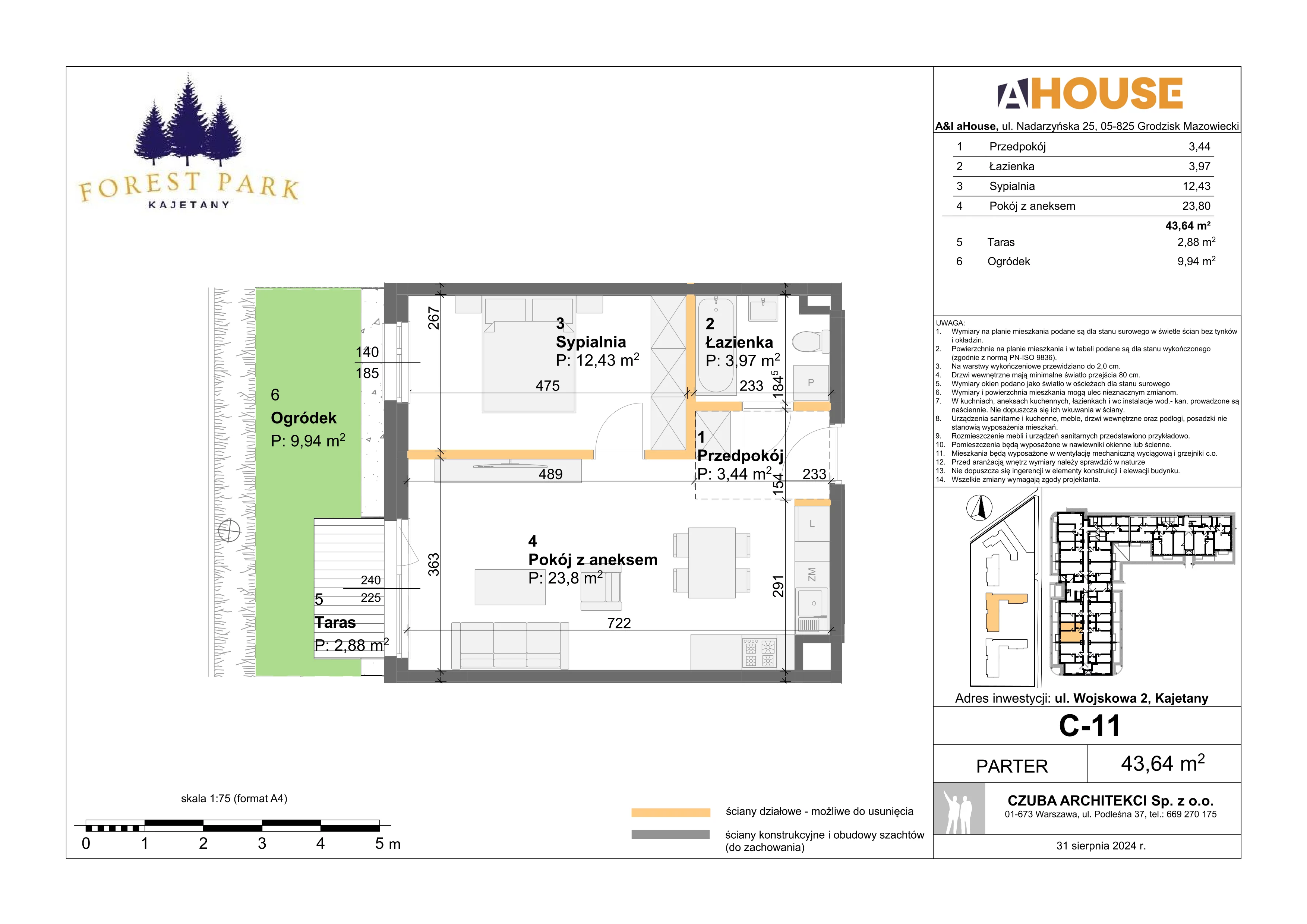 2 pokoje, mieszkanie 43,64 m², parter, oferta nr C-11, Forest Park Kajetany, Nadarzyn, ul. Wojskowa 2