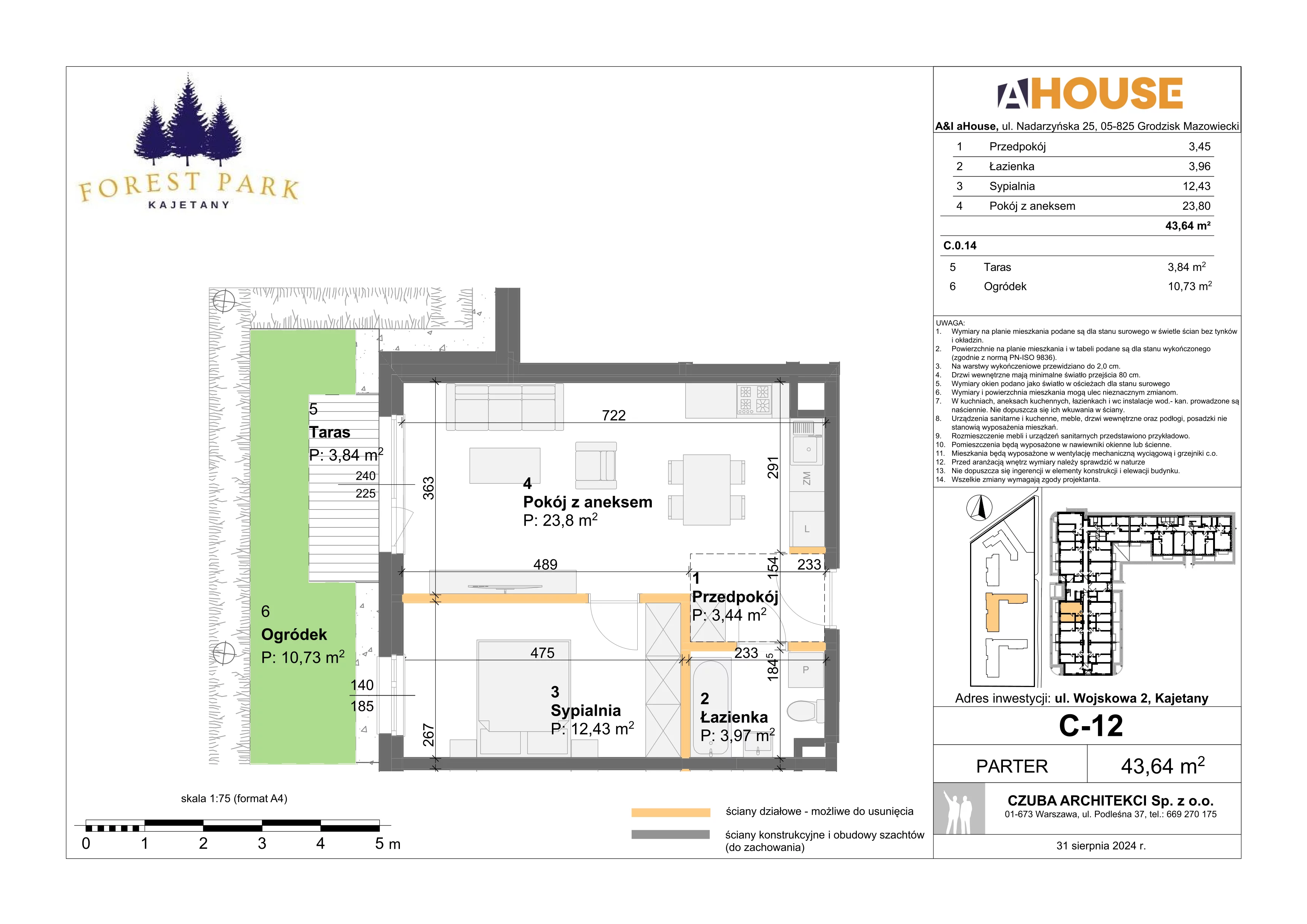 2 pokoje, mieszkanie 43,64 m², parter, oferta nr C-12, Forest Park Kajetany, Nadarzyn, ul. Wojskowa 2