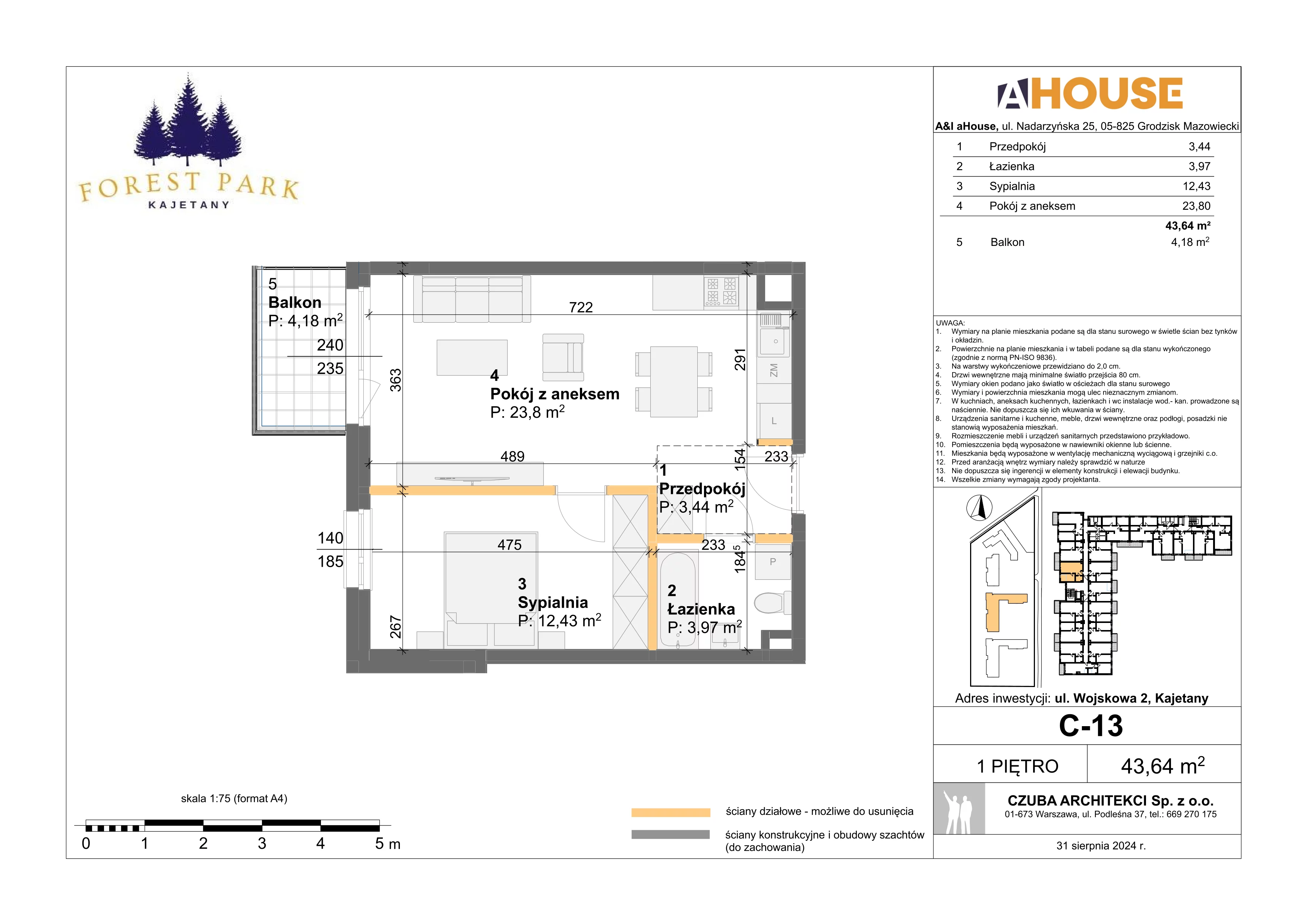 2 pokoje, mieszkanie 43,64 m², piętro 1, oferta nr C-13, Forest Park Kajetany, Nadarzyn, ul. Wojskowa 2