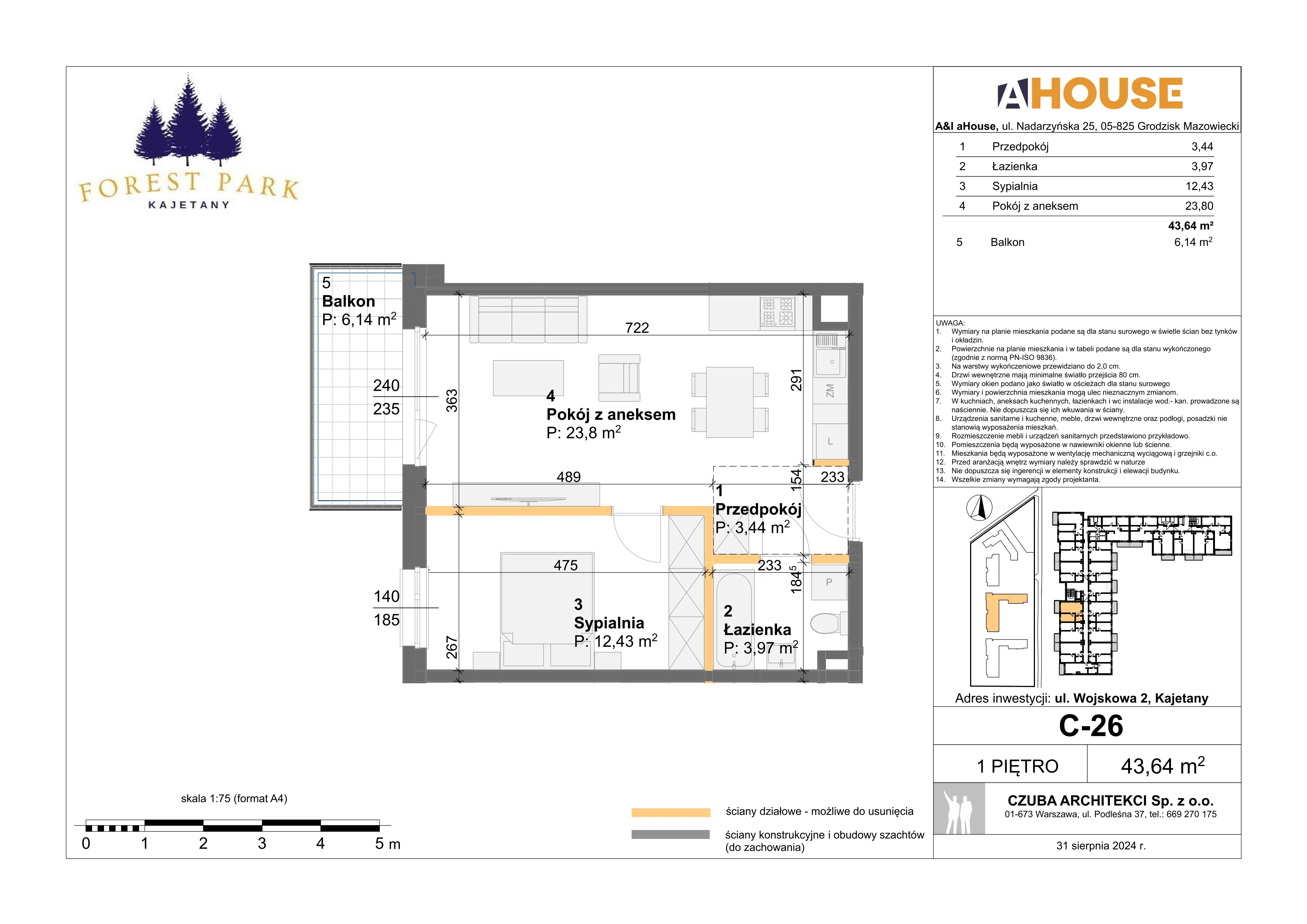 2 pokoje, mieszkanie 43,64 m², piętro 1, oferta nr C-26, Forest Park Kajetany, Nadarzyn, ul. Wojskowa 2