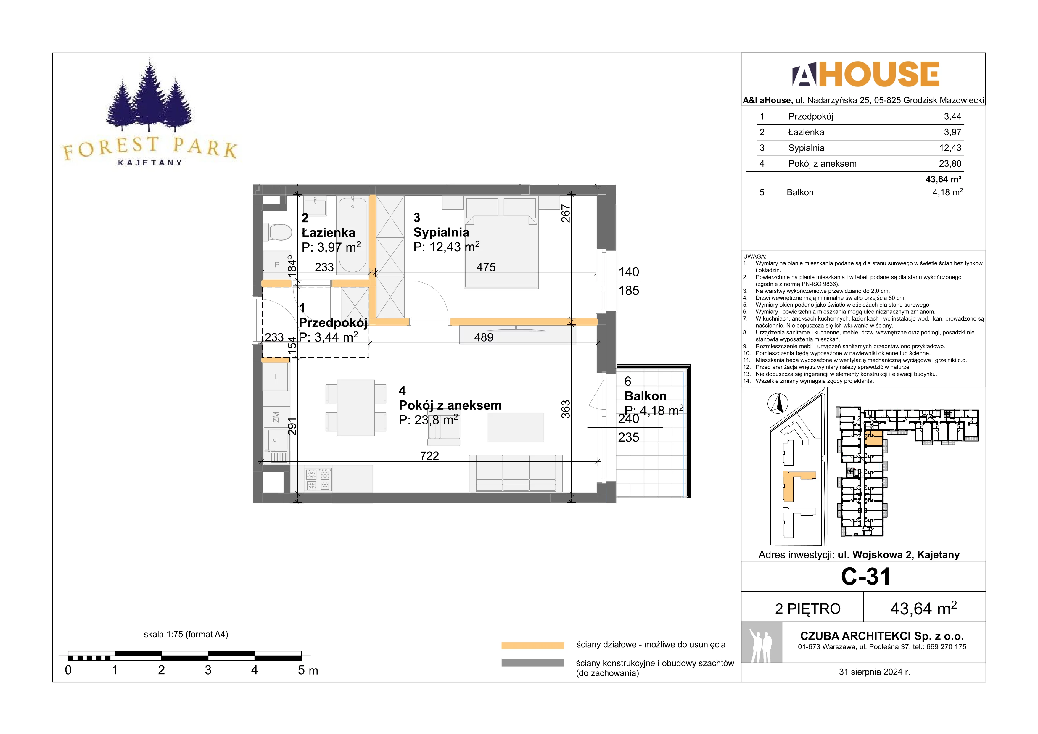 2 pokoje, mieszkanie 43,64 m², piętro 2, oferta nr C-31, Forest Park Kajetany, Nadarzyn, ul. Wojskowa 2