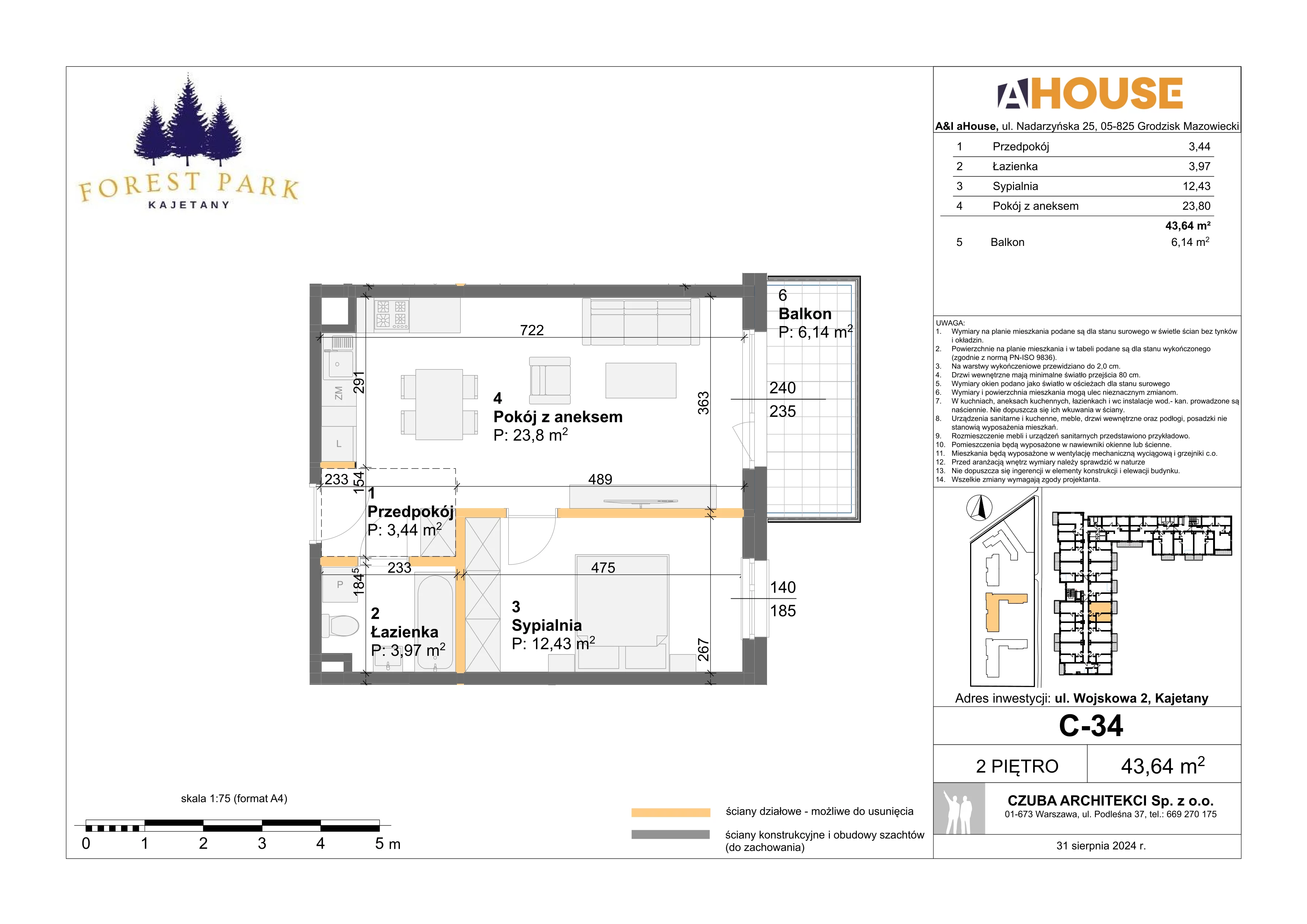 2 pokoje, mieszkanie 43,64 m², piętro 2, oferta nr C-34, Forest Park Kajetany, Nadarzyn, ul. Wojskowa 2