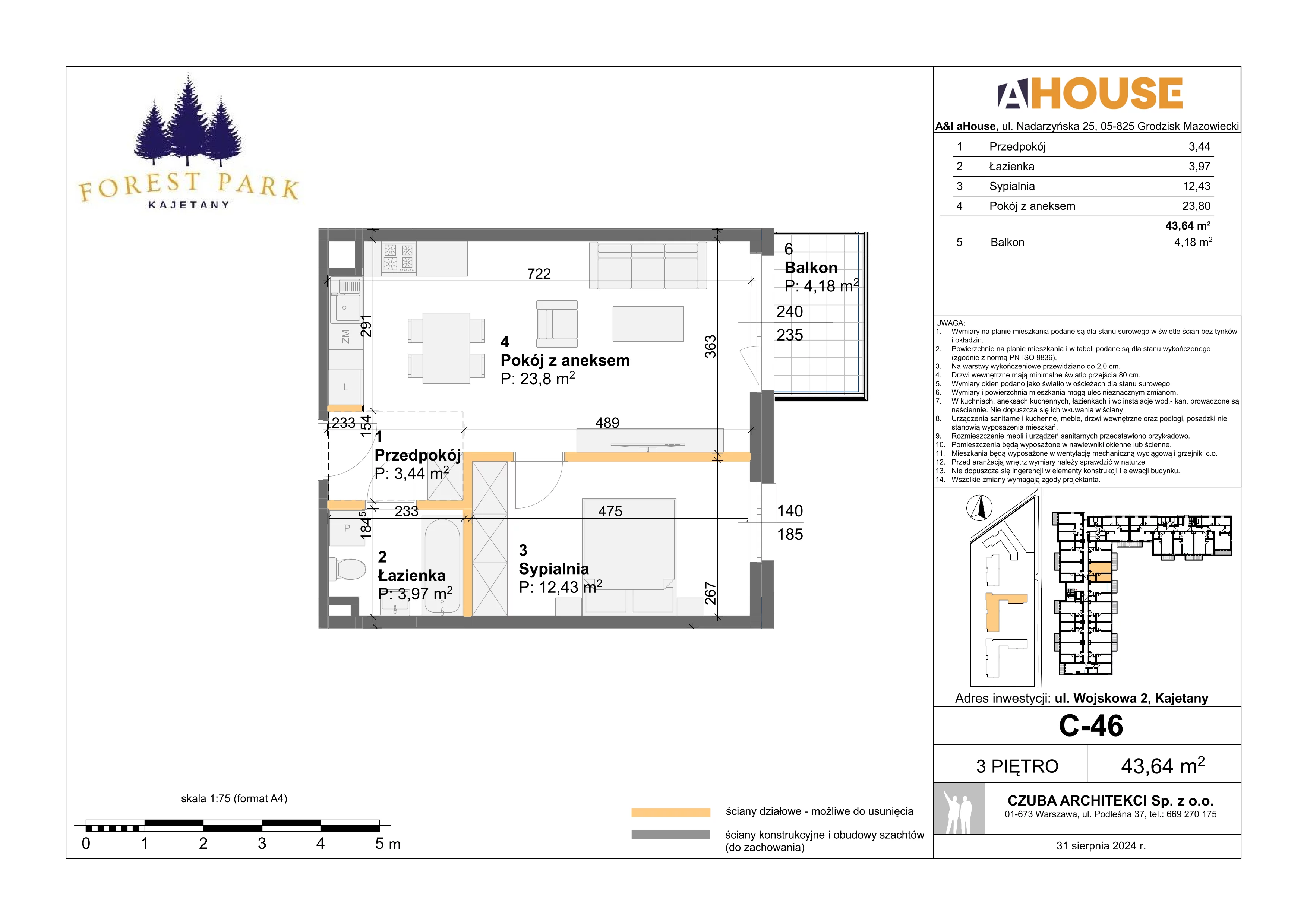 2 pokoje, mieszkanie 43,64 m², piętro 3, oferta nr C-46, Forest Park Kajetany, Nadarzyn, ul. Wojskowa 2