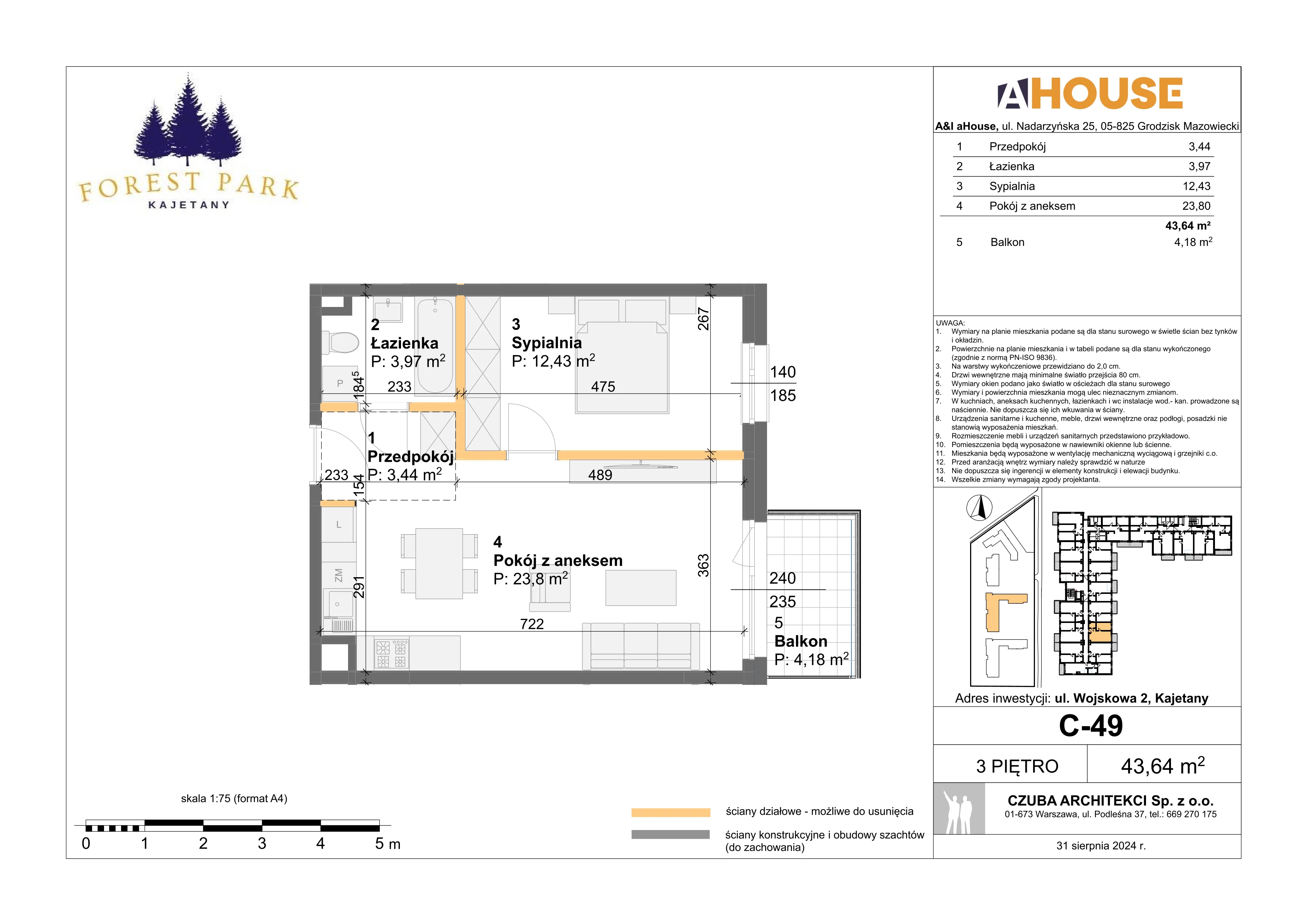2 pokoje, mieszkanie 43,64 m², piętro 3, oferta nr C-49, Forest Park Kajetany, Nadarzyn, ul. Wojskowa 2