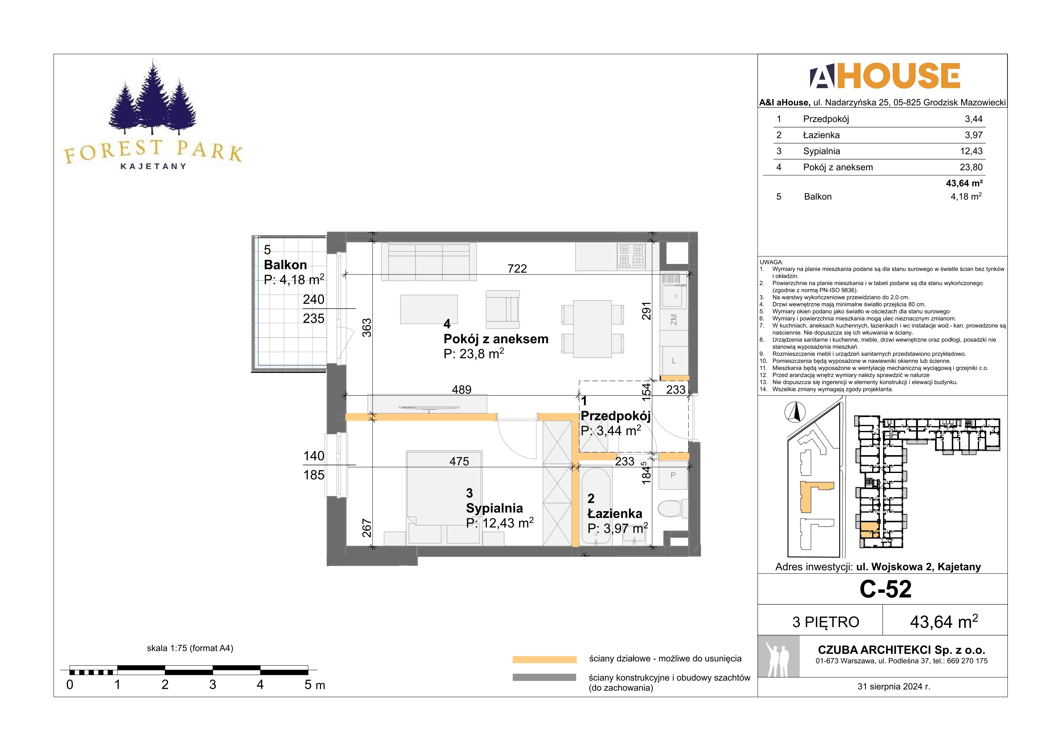 2 pokoje, mieszkanie 43,64 m², piętro 3, oferta nr C-52, Forest Park Kajetany, Nadarzyn, ul. Wojskowa 2