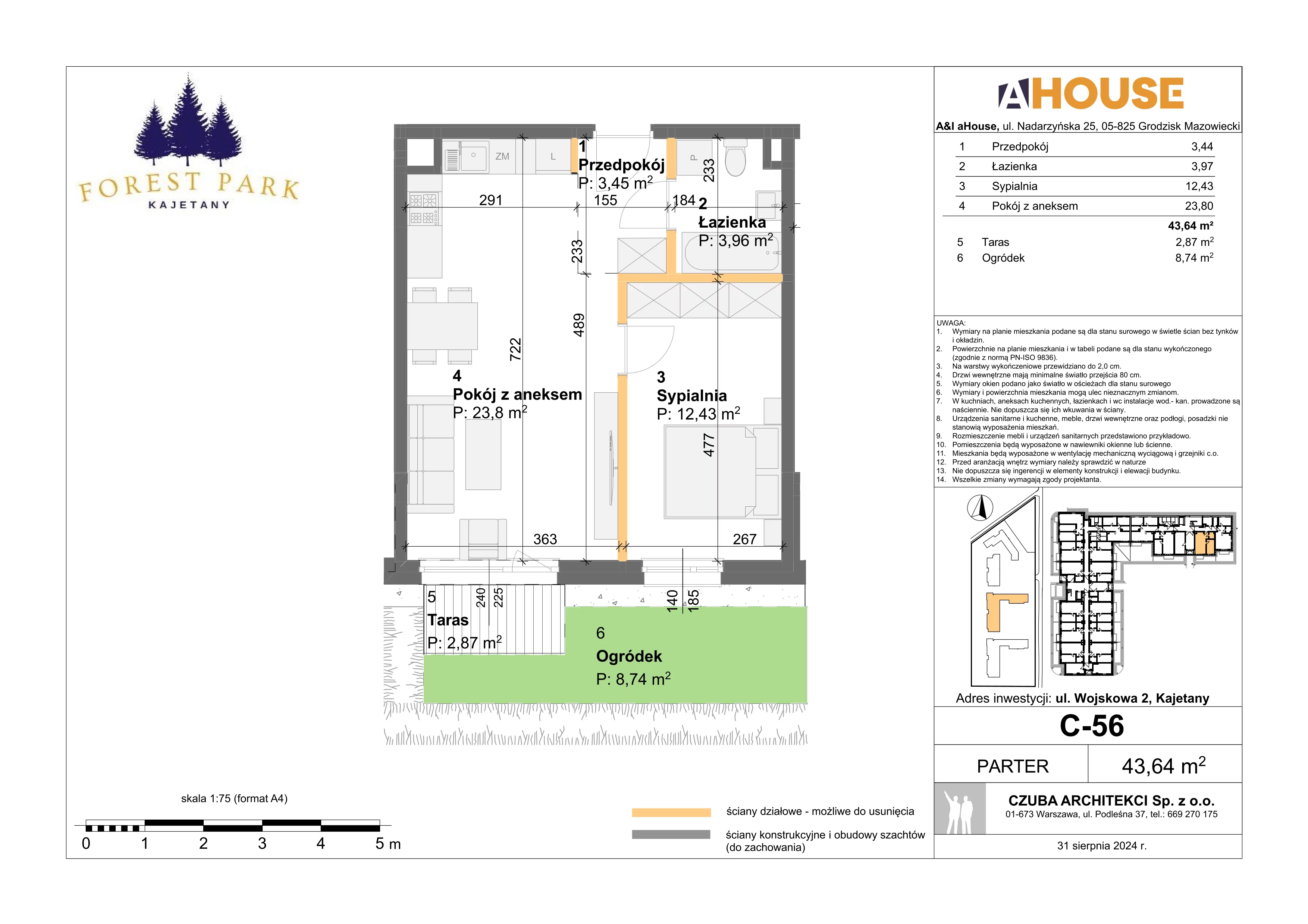 2 pokoje, mieszkanie 43,64 m², parter, oferta nr C-56, Forest Park Kajetany, Nadarzyn, ul. Wojskowa 2