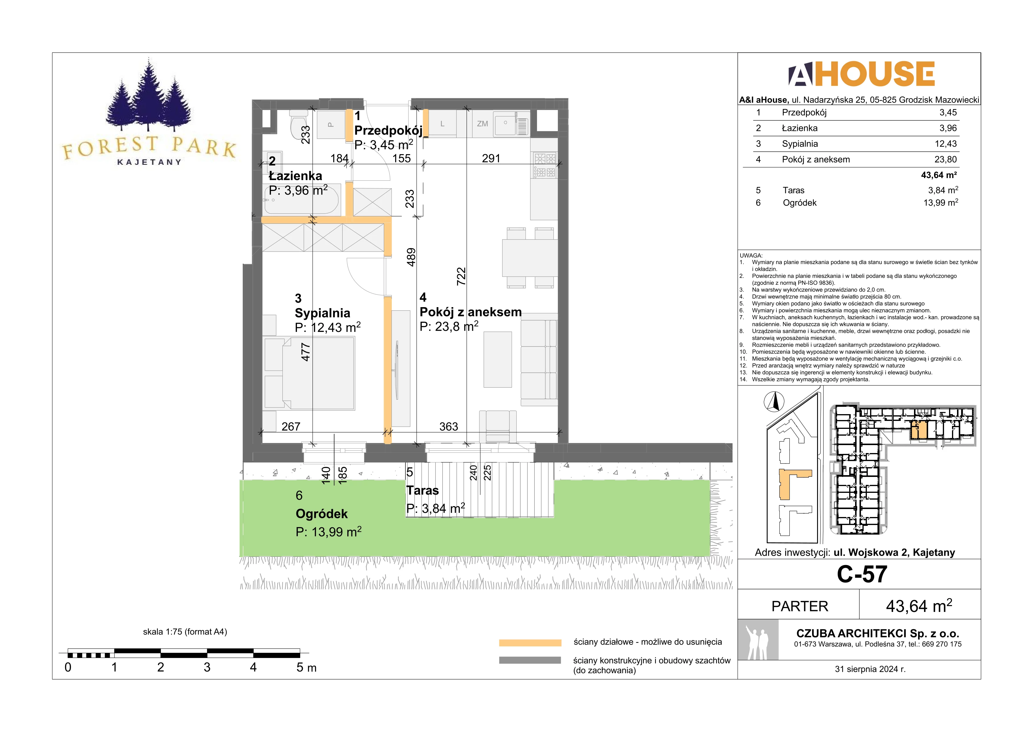 2 pokoje, mieszkanie 43,64 m², parter, oferta nr C-57, Forest Park Kajetany, Nadarzyn, ul. Wojskowa 2