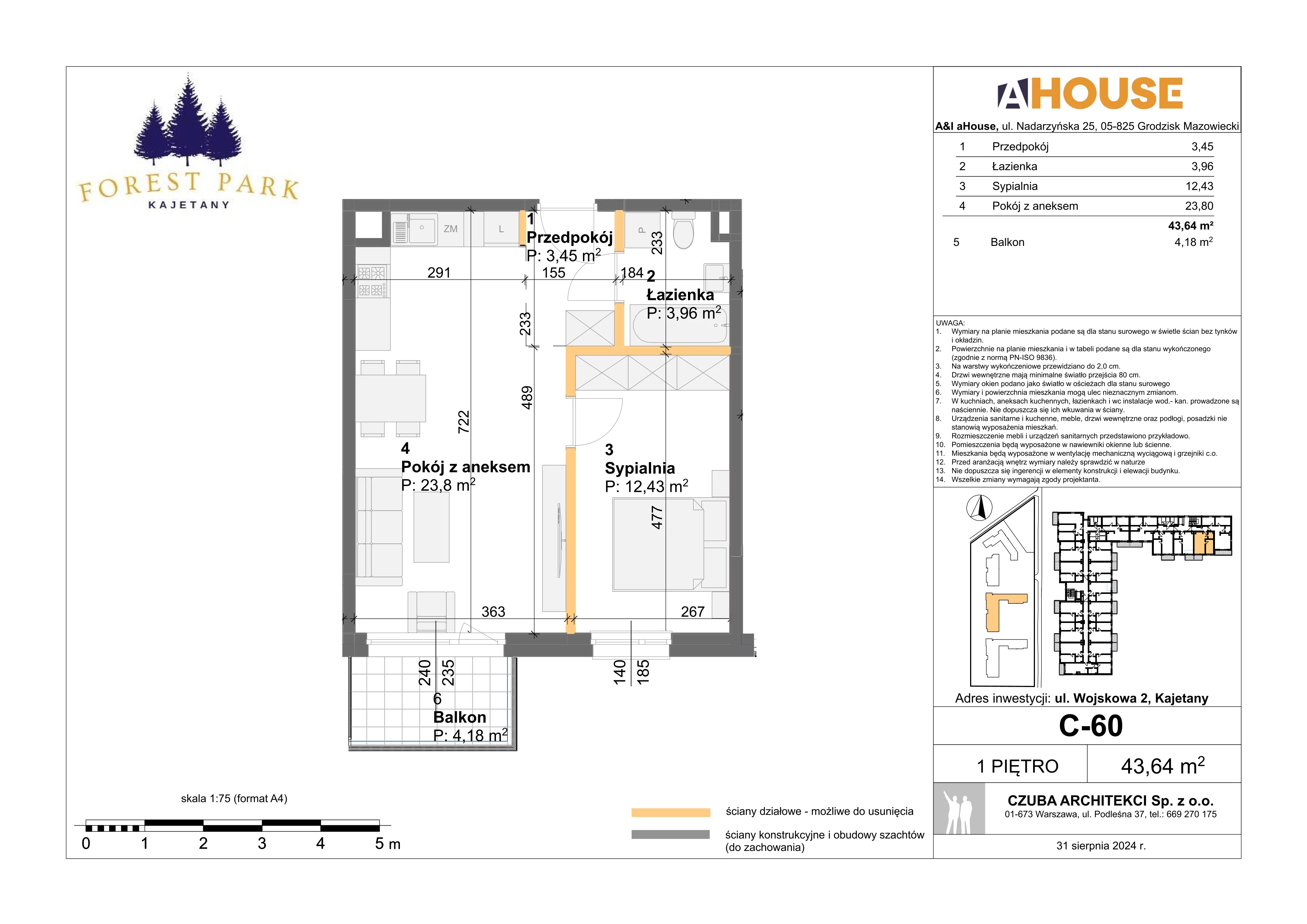 2 pokoje, mieszkanie 43,64 m², piętro 1, oferta nr C-60, Forest Park Kajetany, Nadarzyn, ul. Wojskowa 2
