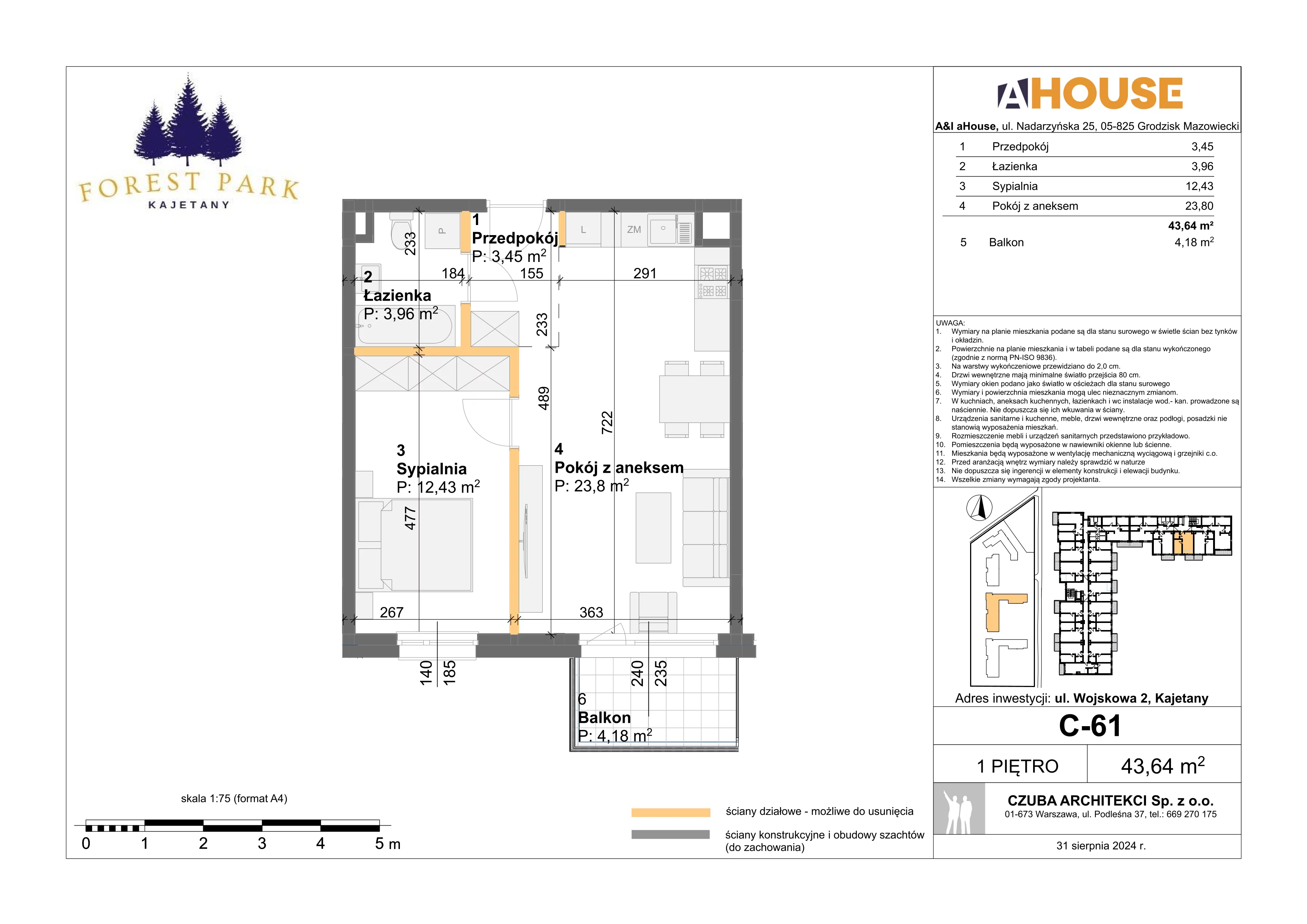 2 pokoje, mieszkanie 43,64 m², piętro 1, oferta nr C-61, Forest Park Kajetany, Nadarzyn, ul. Wojskowa 2