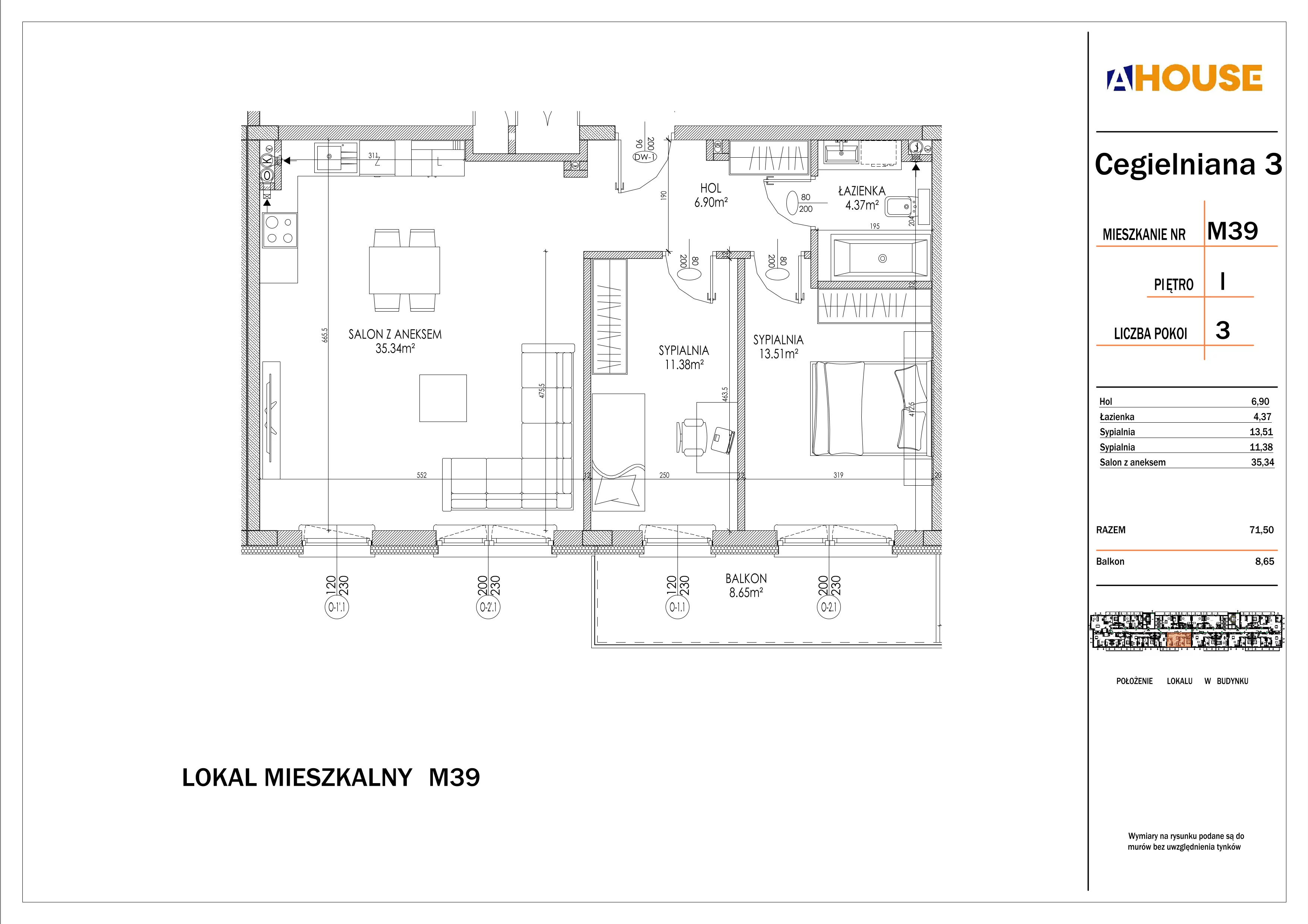 3 pokoje, mieszkanie 71,50 m², piętro 1, oferta nr 39, Osiedle StaLove Etap I, Grodzisk Mazowiecki, ul. Cegielniana 3