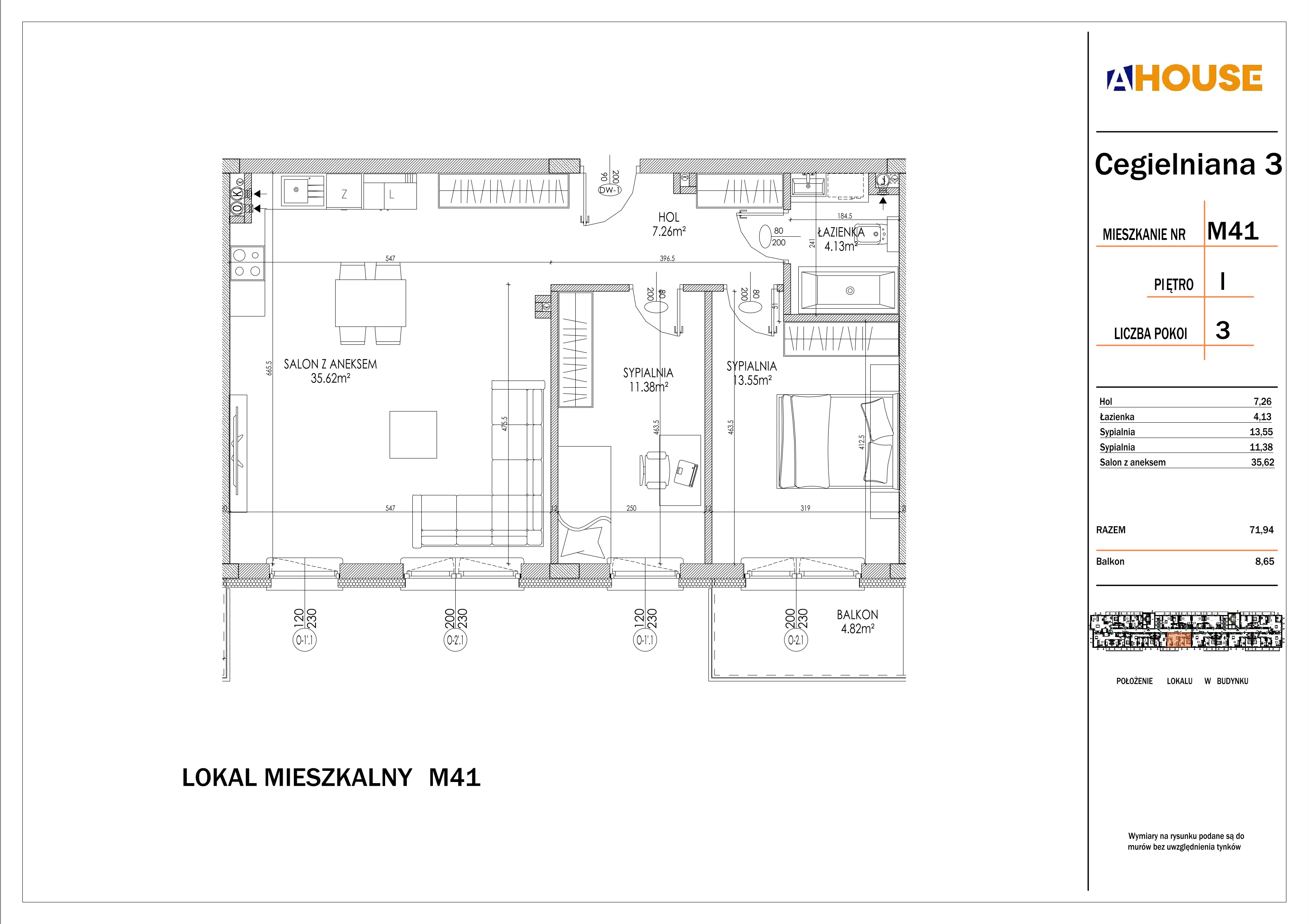 3 pokoje, mieszkanie 71,94 m², piętro 1, oferta nr 41, Osiedle StaLove Etap I, Grodzisk Mazowiecki, ul. Cegielniana 3