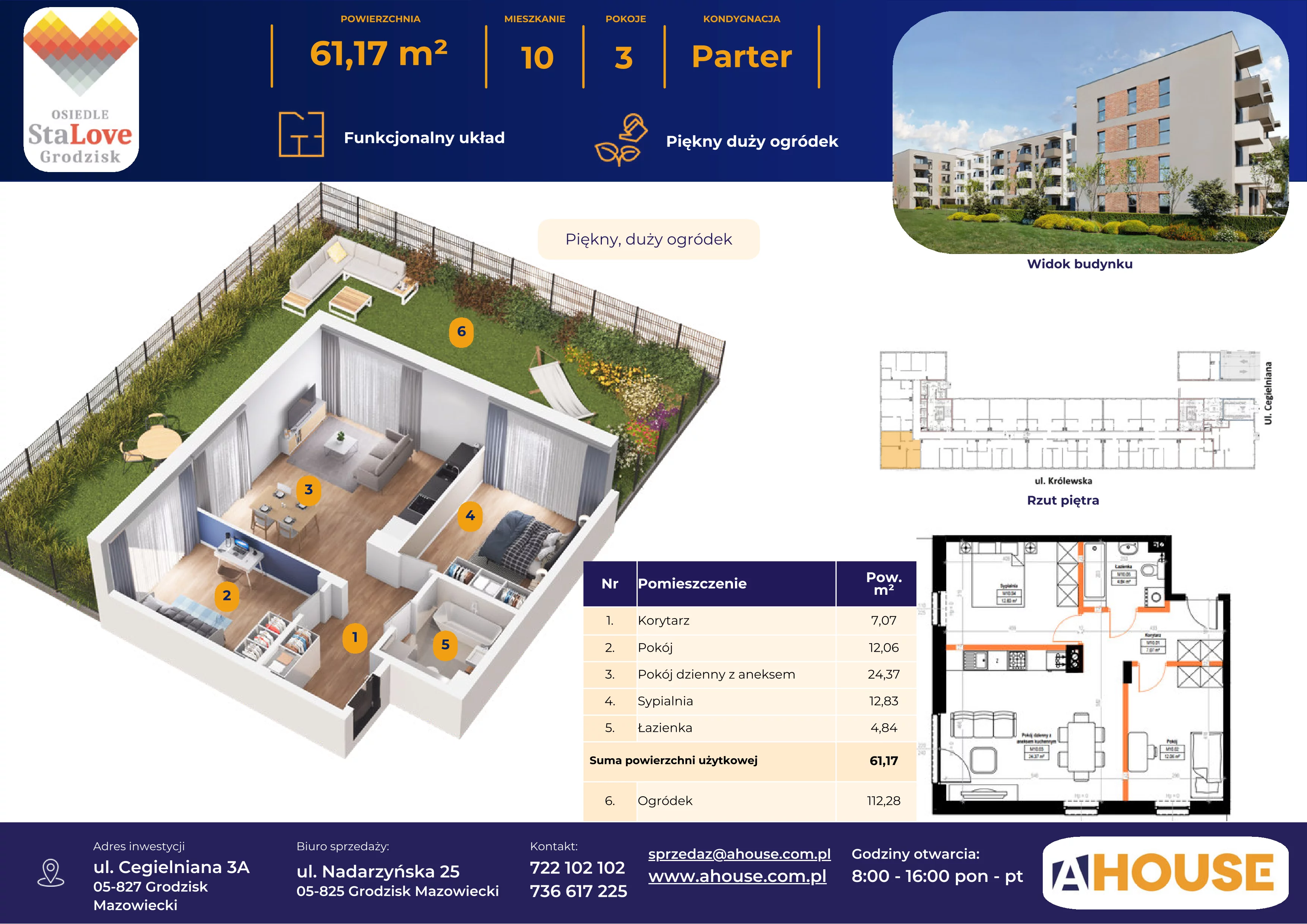 3 pokoje, mieszkanie 61,17 m², parter, oferta nr 10, Osiedle StaLove Etap II, Grodzisk Mazowiecki, ul. Cegielniana 3