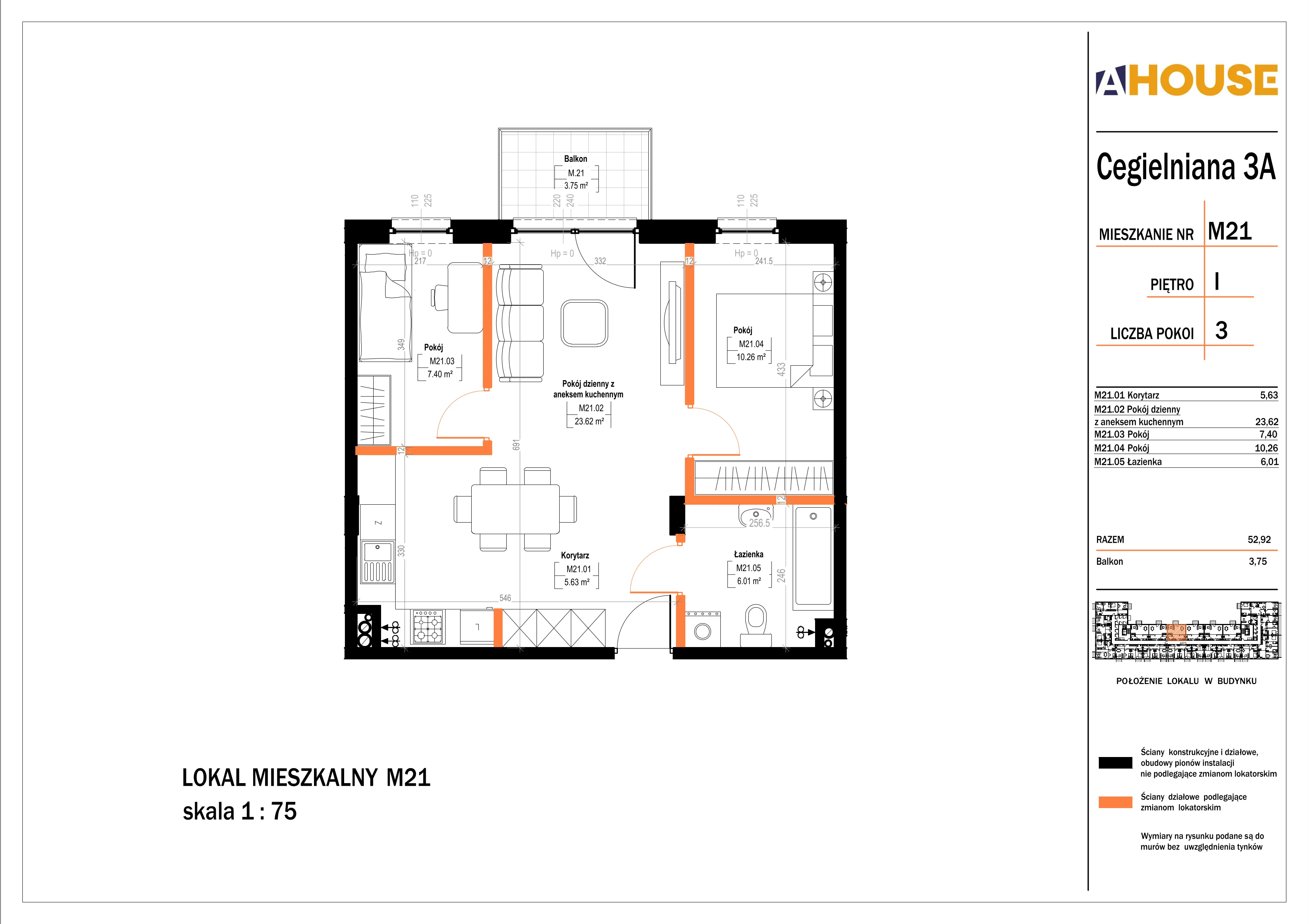 3 pokoje, mieszkanie 52,92 m², piętro 1, oferta nr 21, Osiedle StaLove Etap II, Grodzisk Mazowiecki, ul. Cegielniana 3
