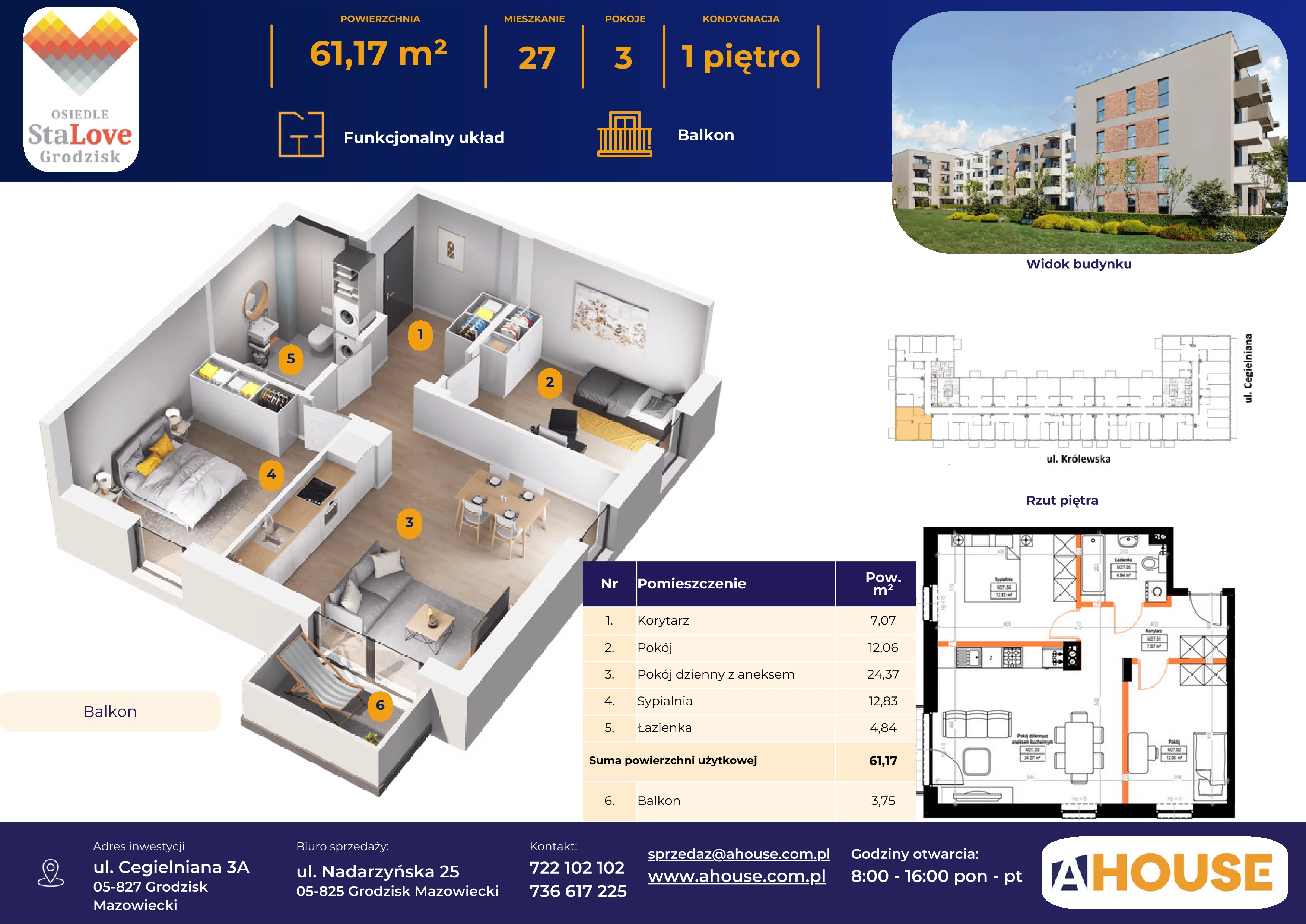 3 pokoje, mieszkanie 61,17 m², piętro 1, oferta nr 27, Osiedle StaLove Etap II, Grodzisk Mazowiecki, ul. Cegielniana 3