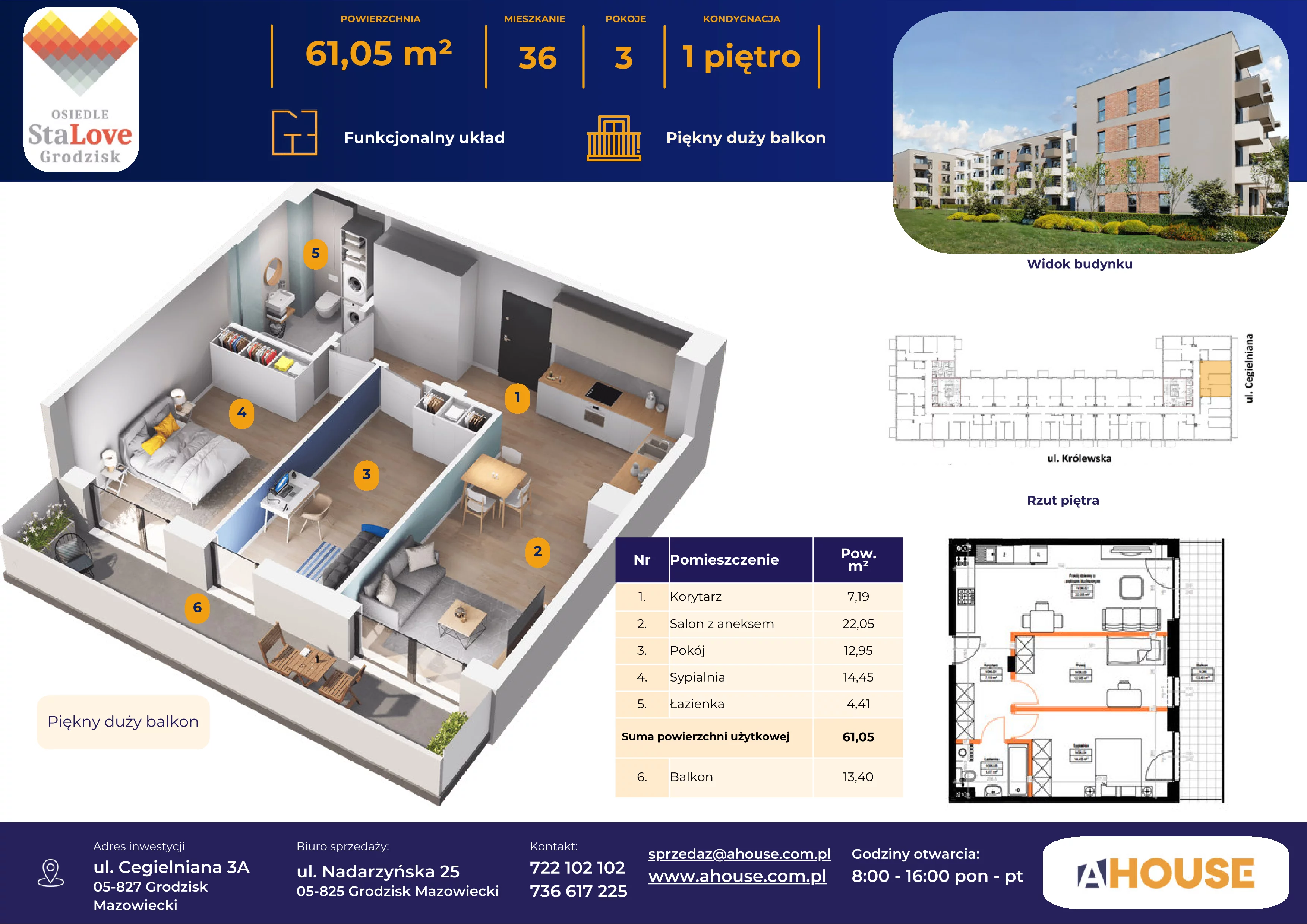 3 pokoje, mieszkanie 61,05 m², piętro 1, oferta nr 36, Osiedle StaLove Etap II, Grodzisk Mazowiecki, ul. Cegielniana 3