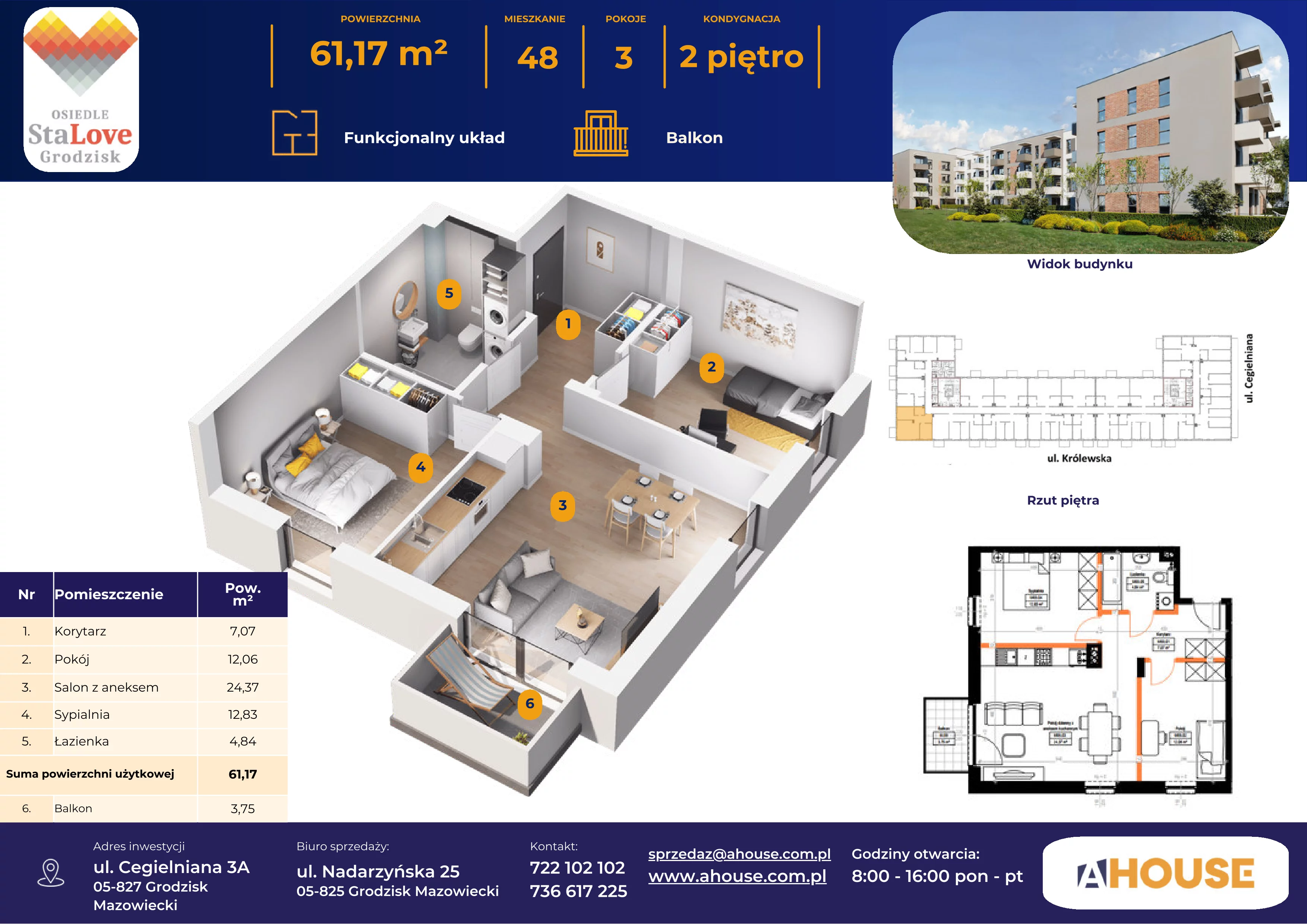 3 pokoje, mieszkanie 61,17 m², piętro 2, oferta nr 48, Osiedle StaLove Etap II, Grodzisk Mazowiecki, ul. Cegielniana 3