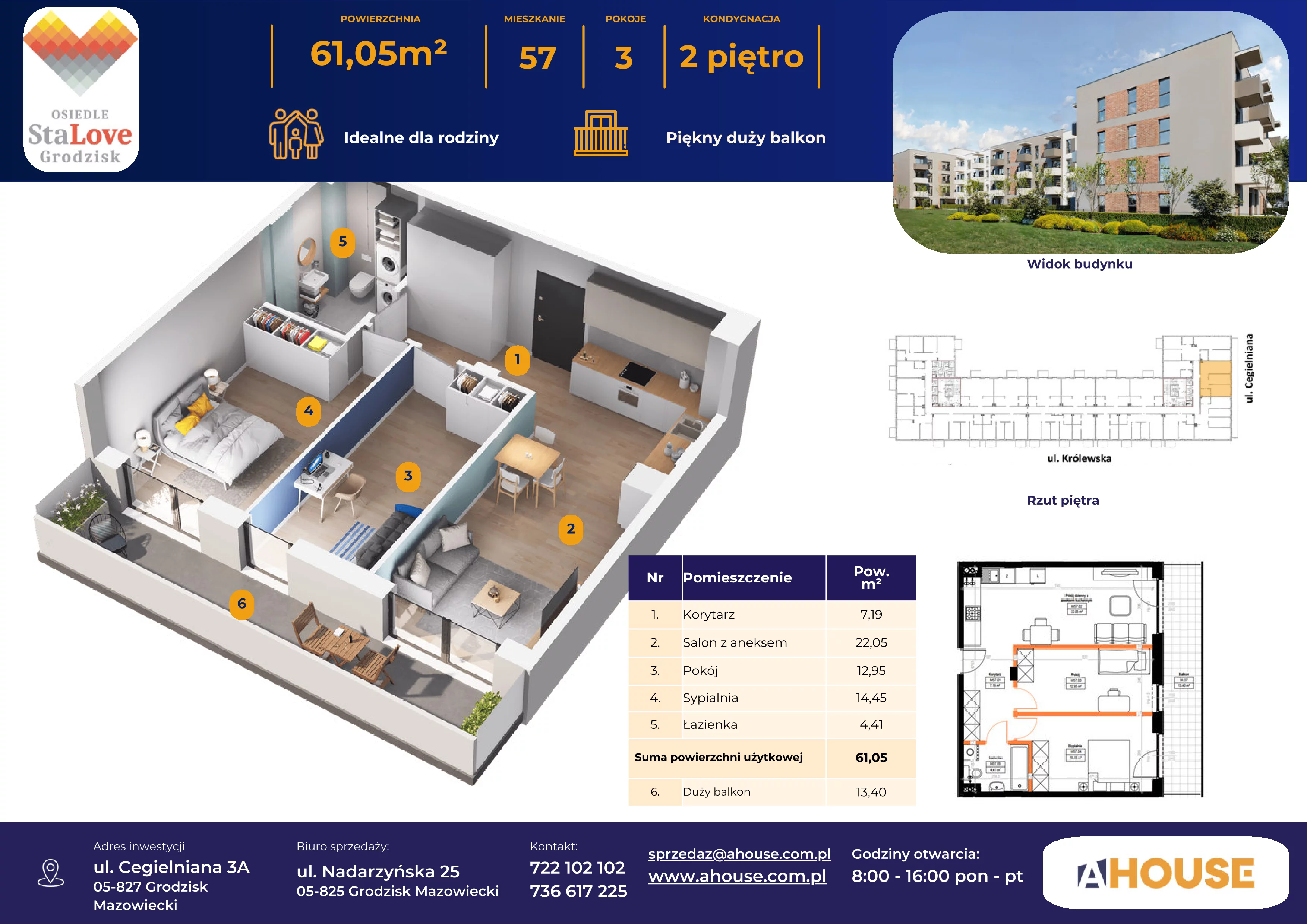 3 pokoje, mieszkanie 61,05 m², piętro 2, oferta nr 57, Osiedle StaLove Etap II, Grodzisk Mazowiecki, ul. Cegielniana 3