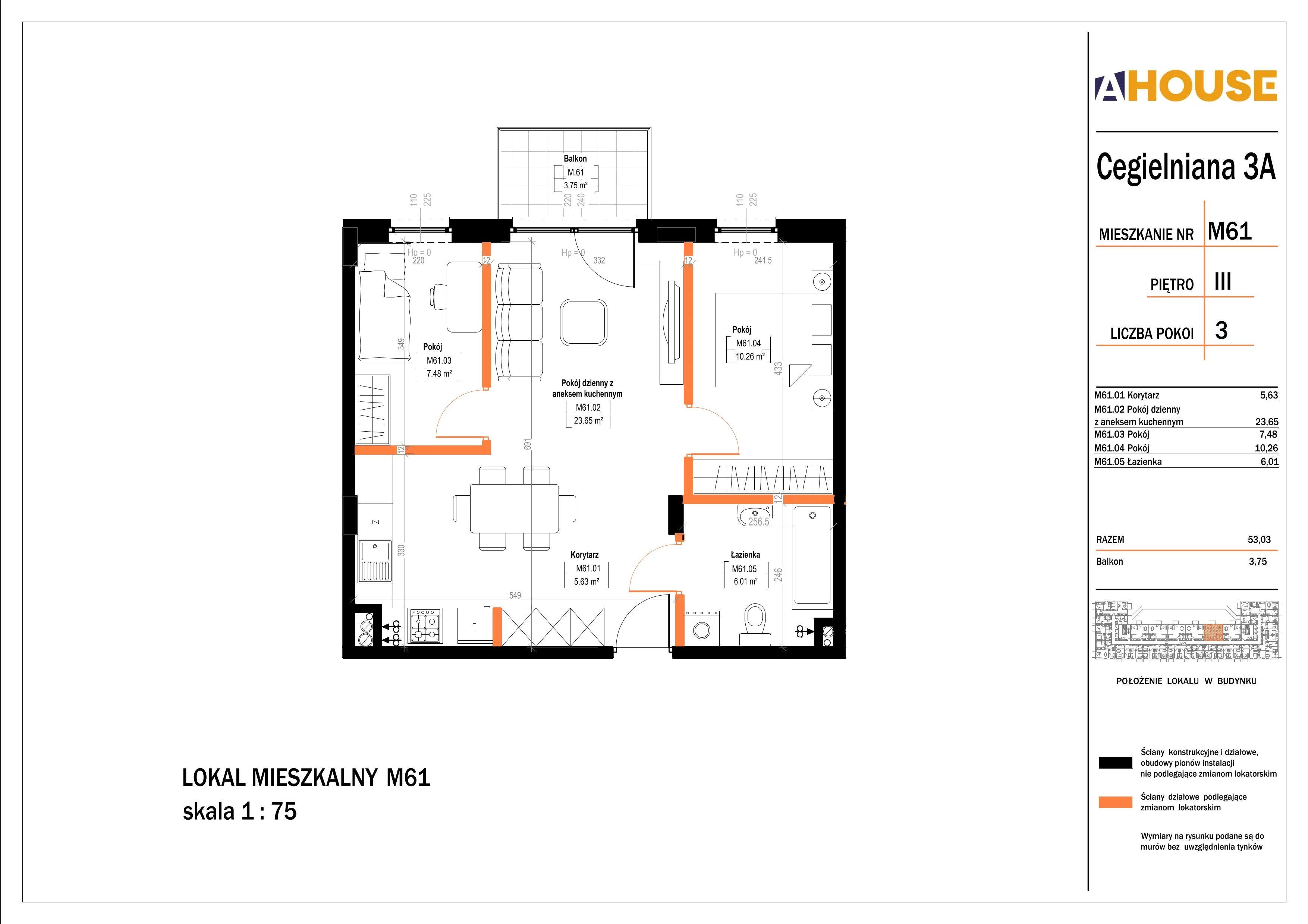 3 pokoje, mieszkanie 53,03 m², piętro 3, oferta nr 61, Osiedle StaLove Etap II, Grodzisk Mazowiecki, ul. Cegielniana 3