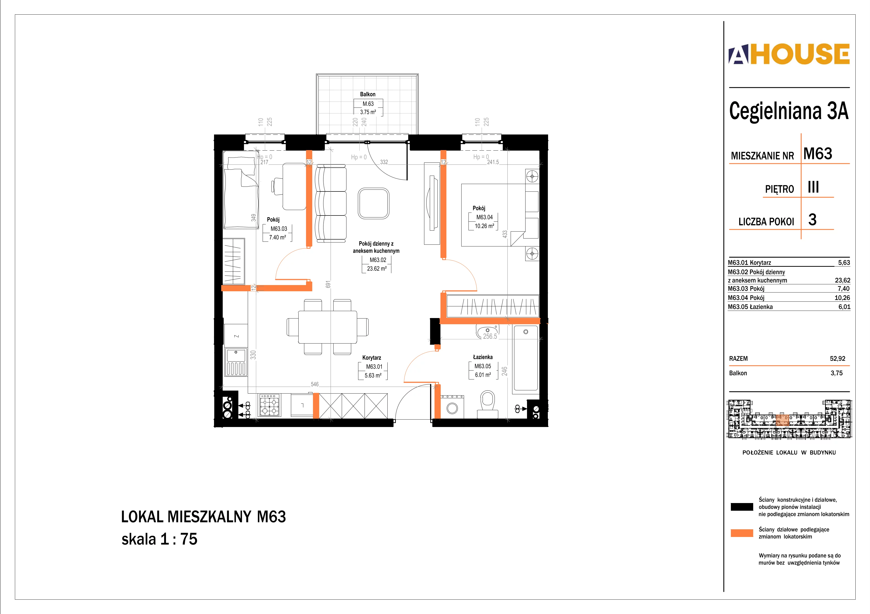 3 pokoje, mieszkanie 52,92 m², piętro 3, oferta nr 63, Osiedle StaLove Etap II, Grodzisk Mazowiecki, ul. Cegielniana 3