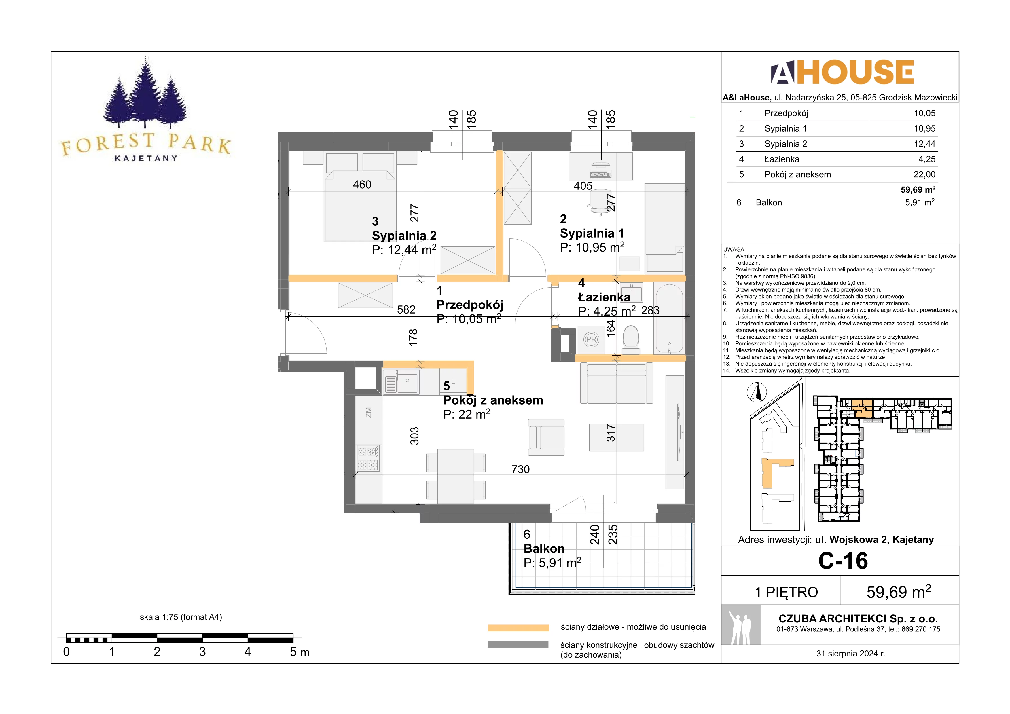 3 pokoje, mieszkanie 59,69 m², piętro 1, oferta nr C-16, Forest Park Kajetany, Nadarzyn, ul. Wojskowa 2