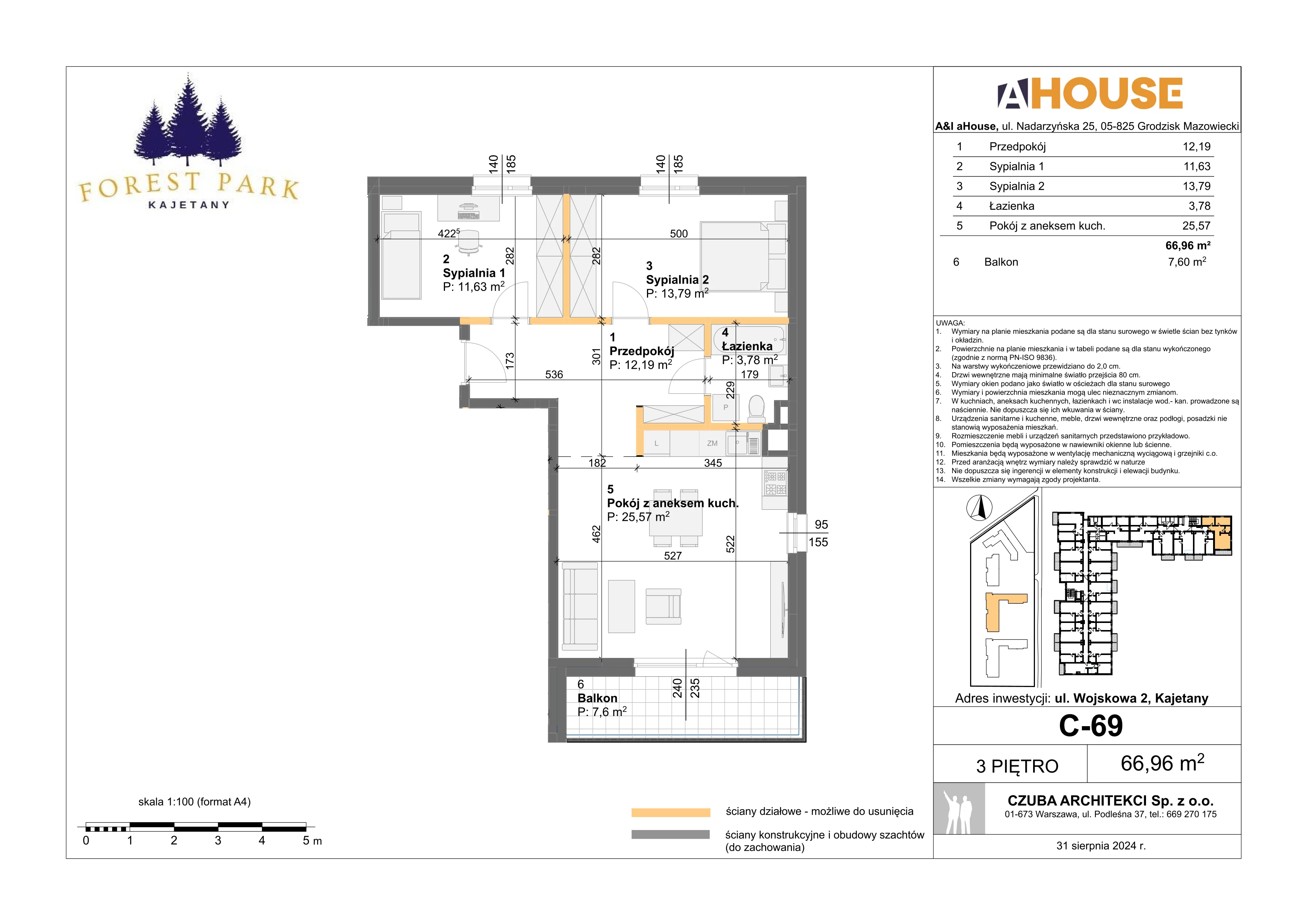 3 pokoje, mieszkanie 66,96 m², piętro 3, oferta nr C-69, Forest Park Kajetany, Nadarzyn, ul. Wojskowa 2