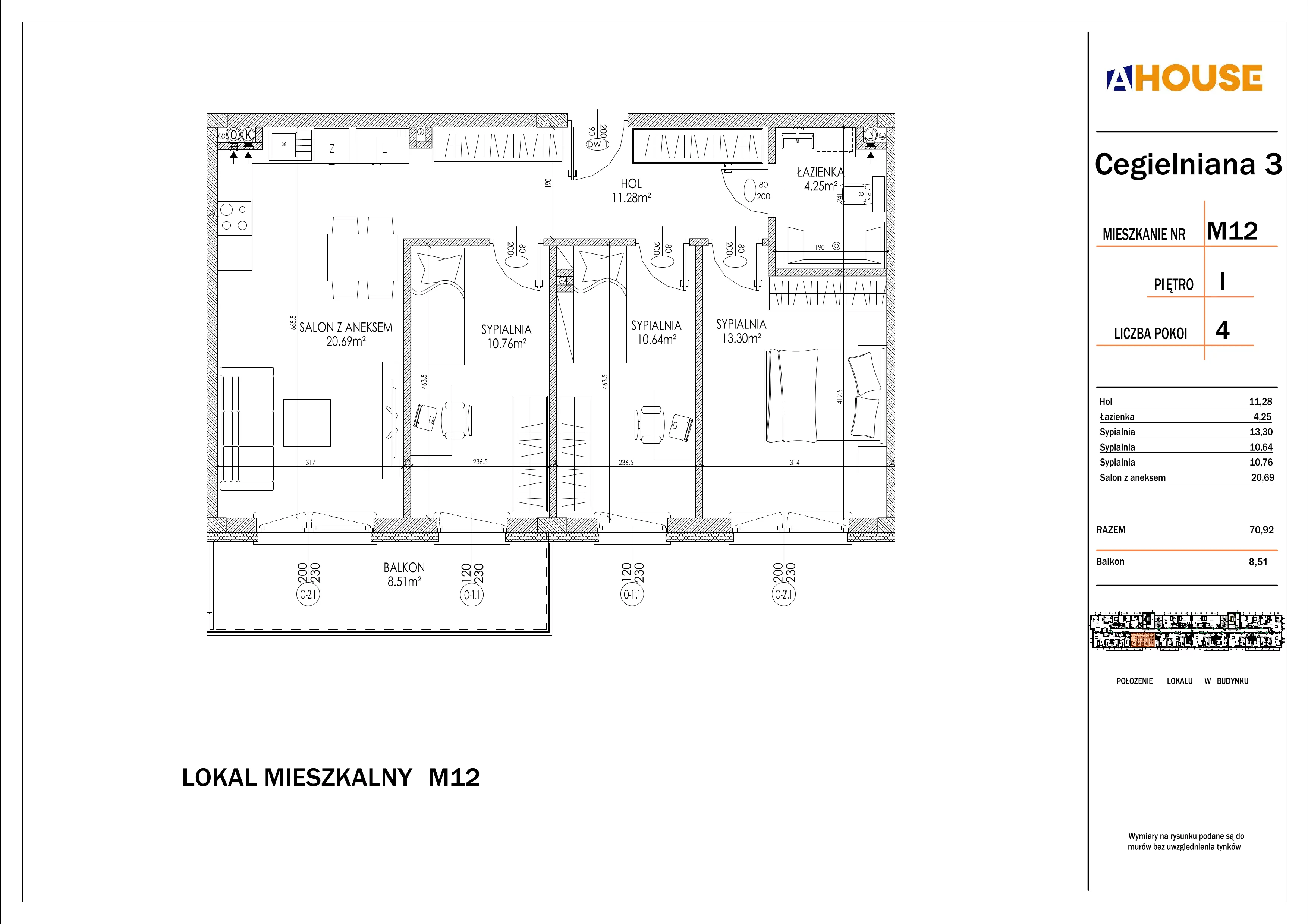 4 pokoje, mieszkanie 70,92 m², piętro 1, oferta nr 12, Osiedle StaLove Etap I, Grodzisk Mazowiecki, ul. Cegielniana 3