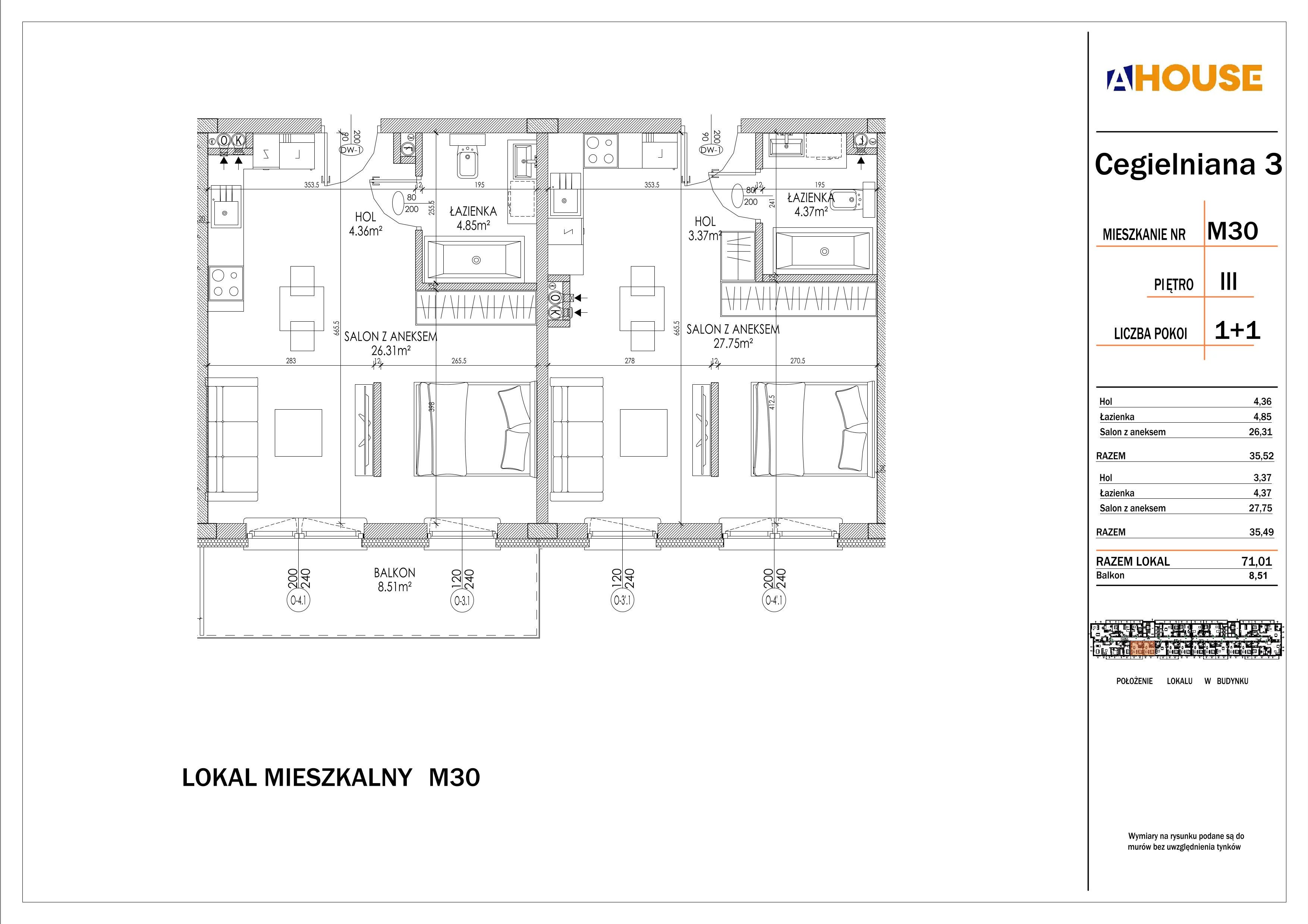 4 pokoje, mieszkanie 71,01 m², piętro 3, oferta nr 30, Osiedle StaLove Etap I, Grodzisk Mazowiecki, ul. Cegielniana 3