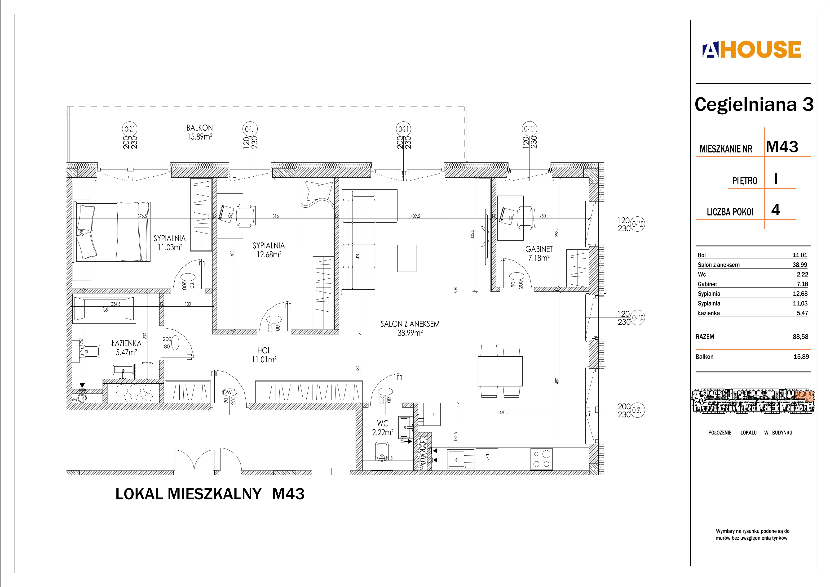4 pokoje, mieszkanie 88,58 m², piętro 1, oferta nr 43, Osiedle StaLove Etap I, Grodzisk Mazowiecki, ul. Cegielniana 3