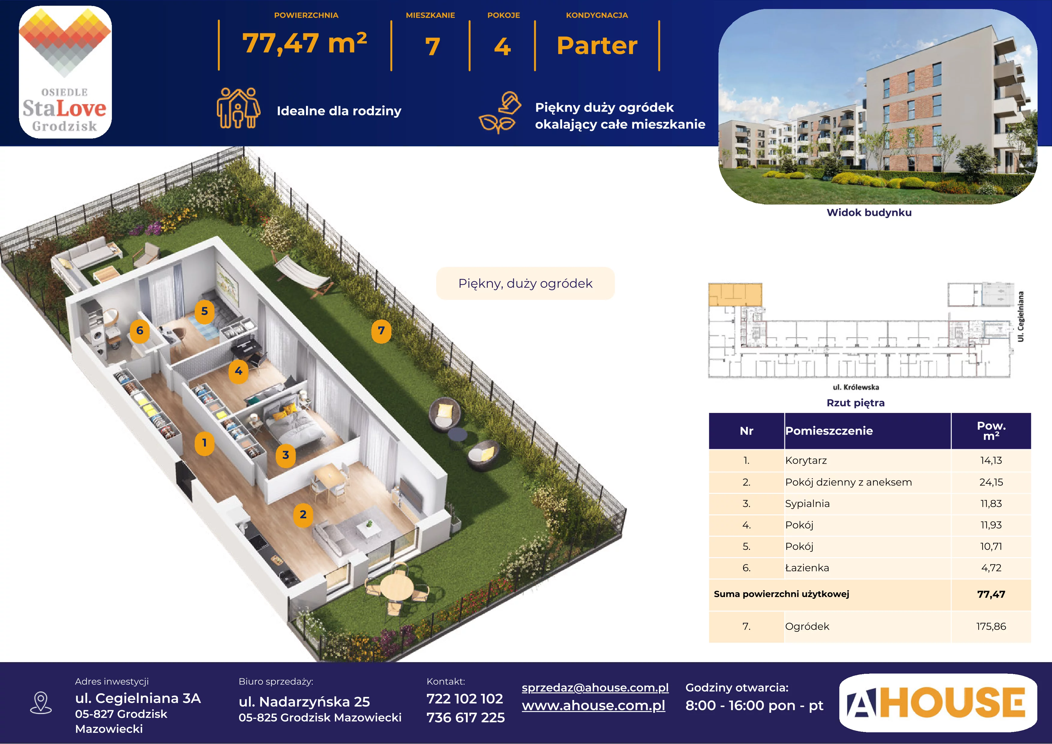 4 pokoje, mieszkanie 77,47 m², parter, oferta nr 7, Osiedle StaLove Etap II, Grodzisk Mazowiecki, ul. Cegielniana 3