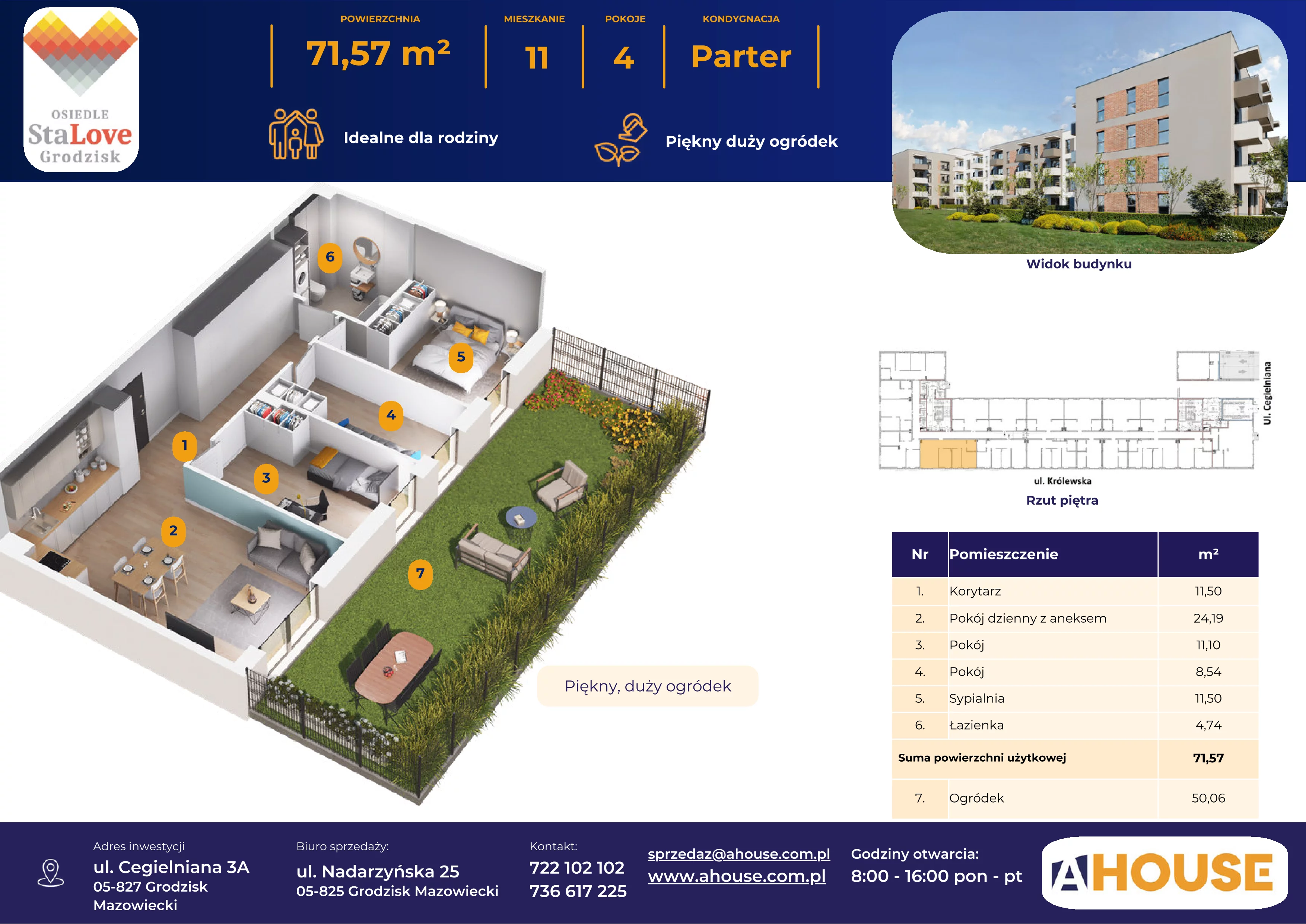4 pokoje, mieszkanie 71,50 m², parter, oferta nr 11, Osiedle StaLove Etap II, Grodzisk Mazowiecki, ul. Cegielniana 3