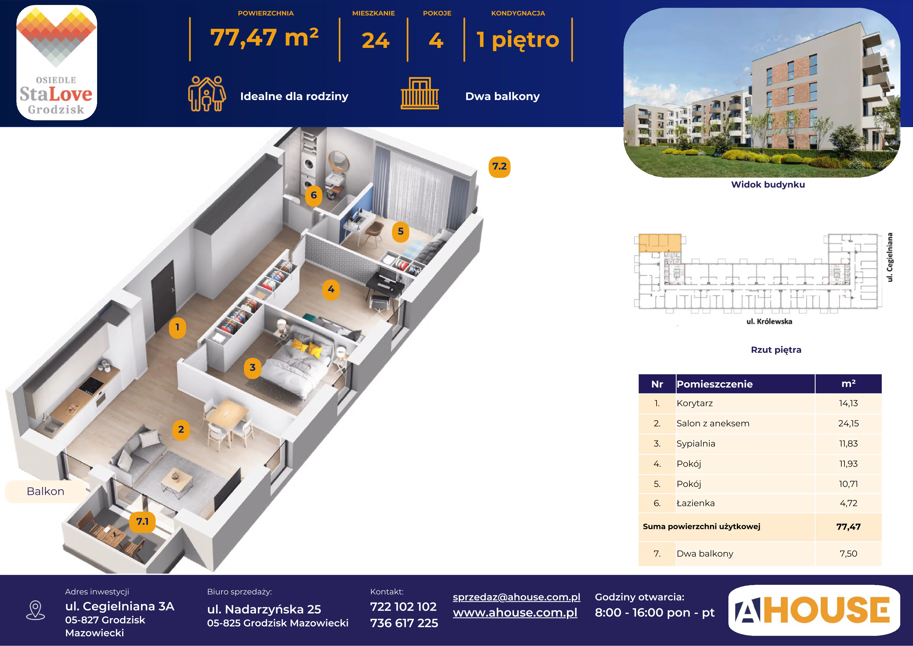 4 pokoje, mieszkanie 77,47 m², piętro 1, oferta nr 24, Osiedle StaLove Etap II, Grodzisk Mazowiecki, ul. Cegielniana 3