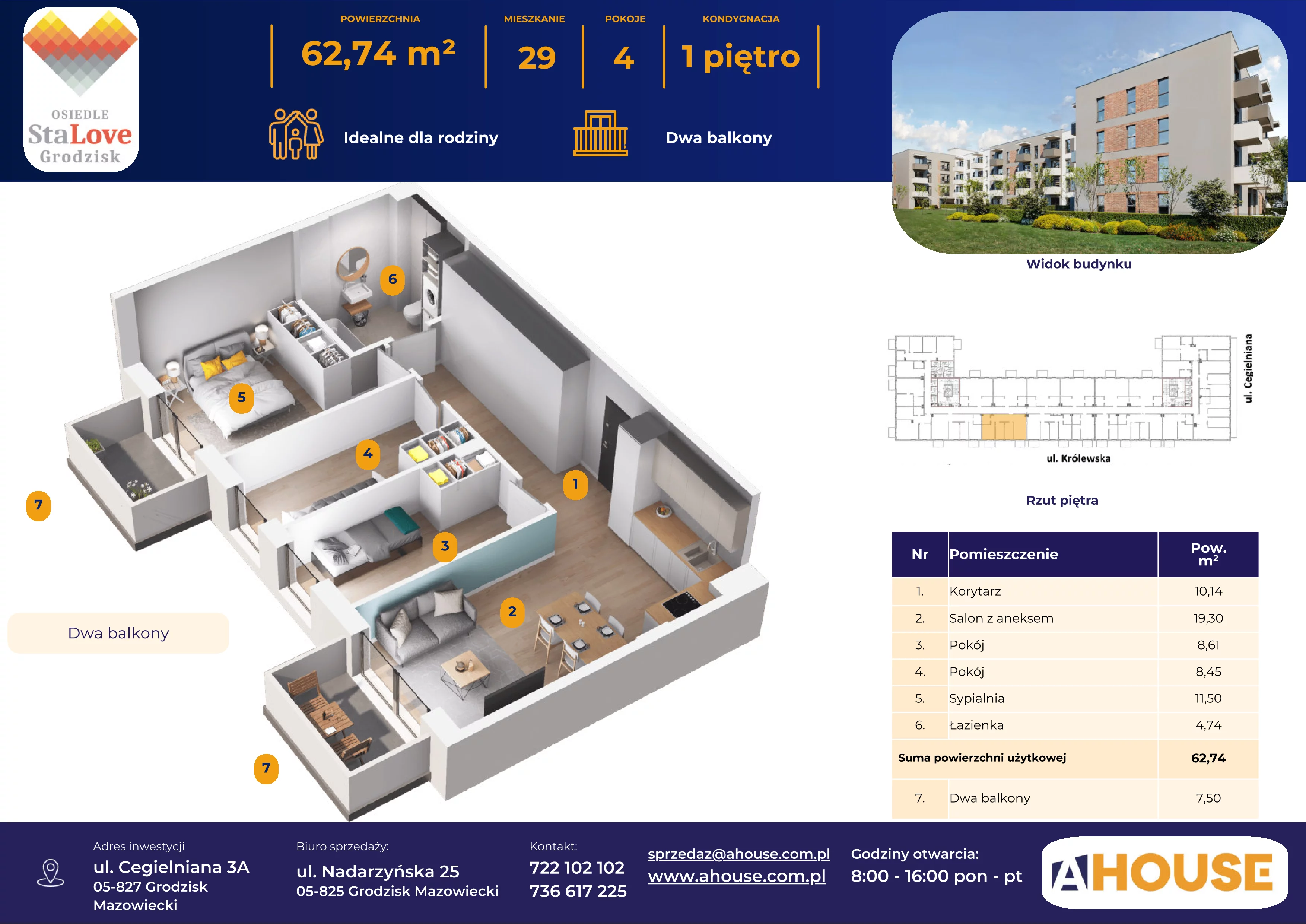 4 pokoje, mieszkanie 62,71 m², piętro 1, oferta nr 29, Osiedle StaLove Etap II, Grodzisk Mazowiecki, ul. Cegielniana 3