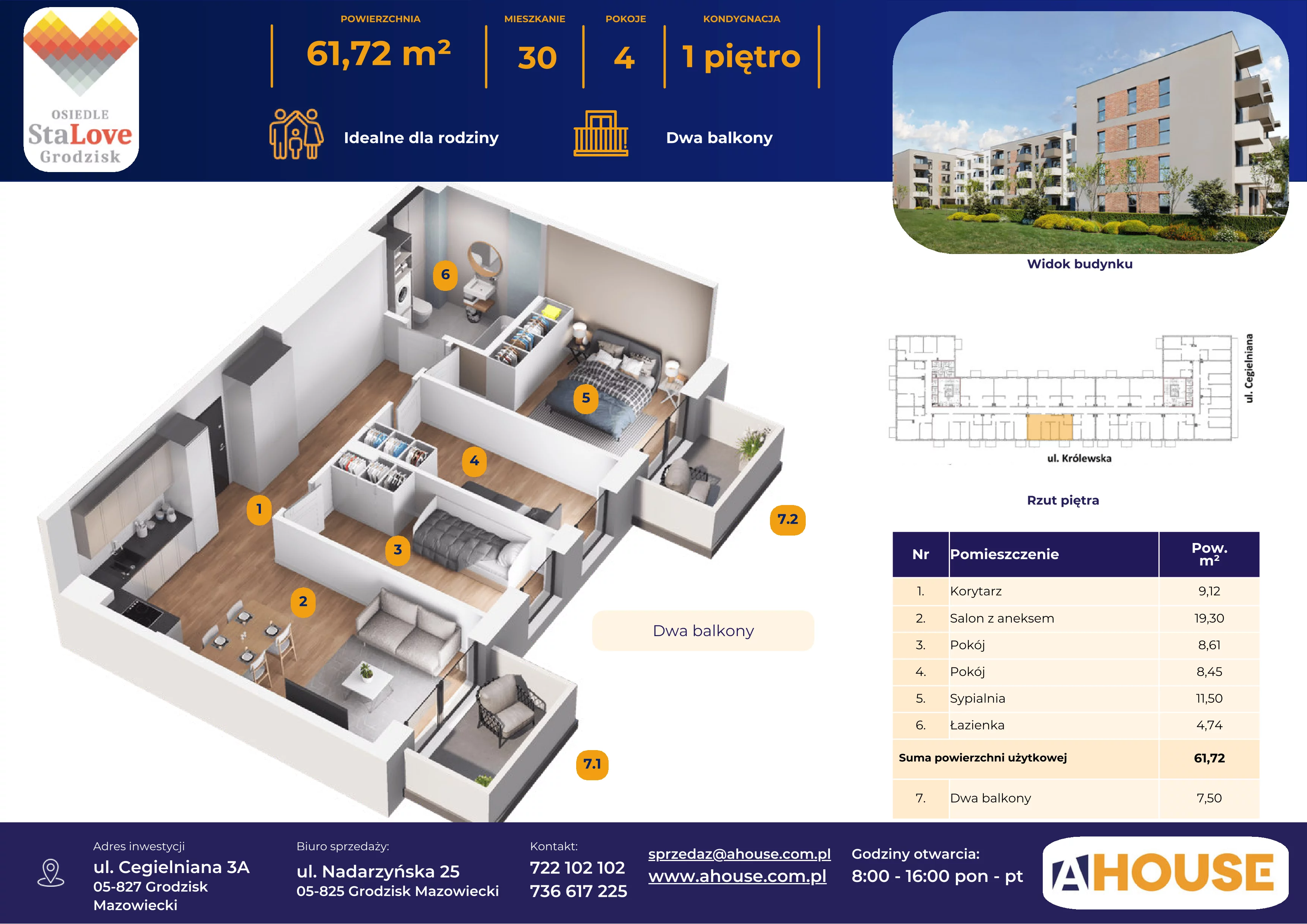 4 pokoje, mieszkanie 61,72 m², piętro 1, oferta nr 30, Osiedle StaLove Etap II, Grodzisk Mazowiecki, ul. Cegielniana 3