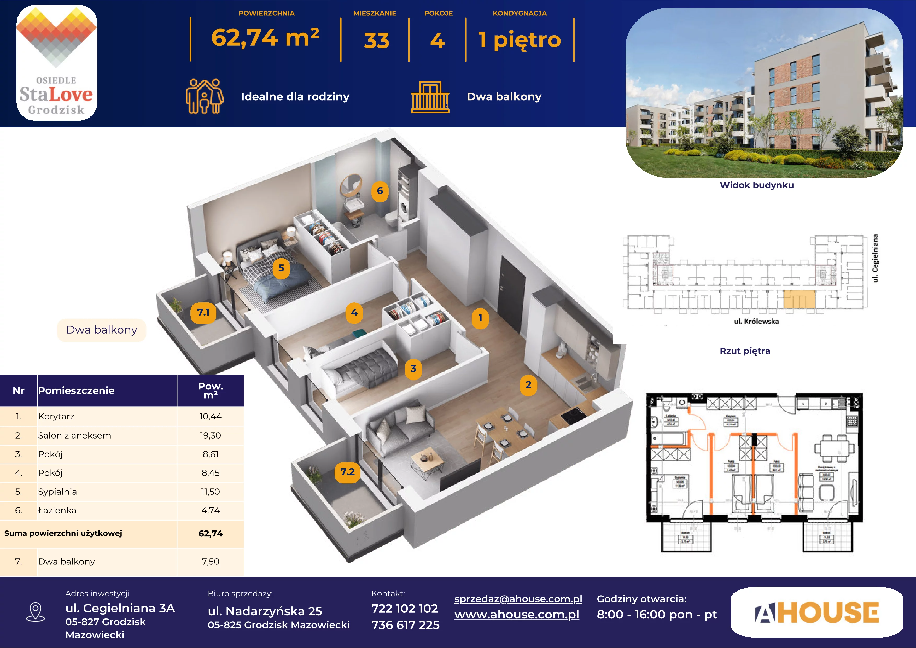 4 pokoje, mieszkanie 62,68 m², piętro 1, oferta nr 33, Osiedle StaLove Etap II, Grodzisk Mazowiecki, ul. Cegielniana 3