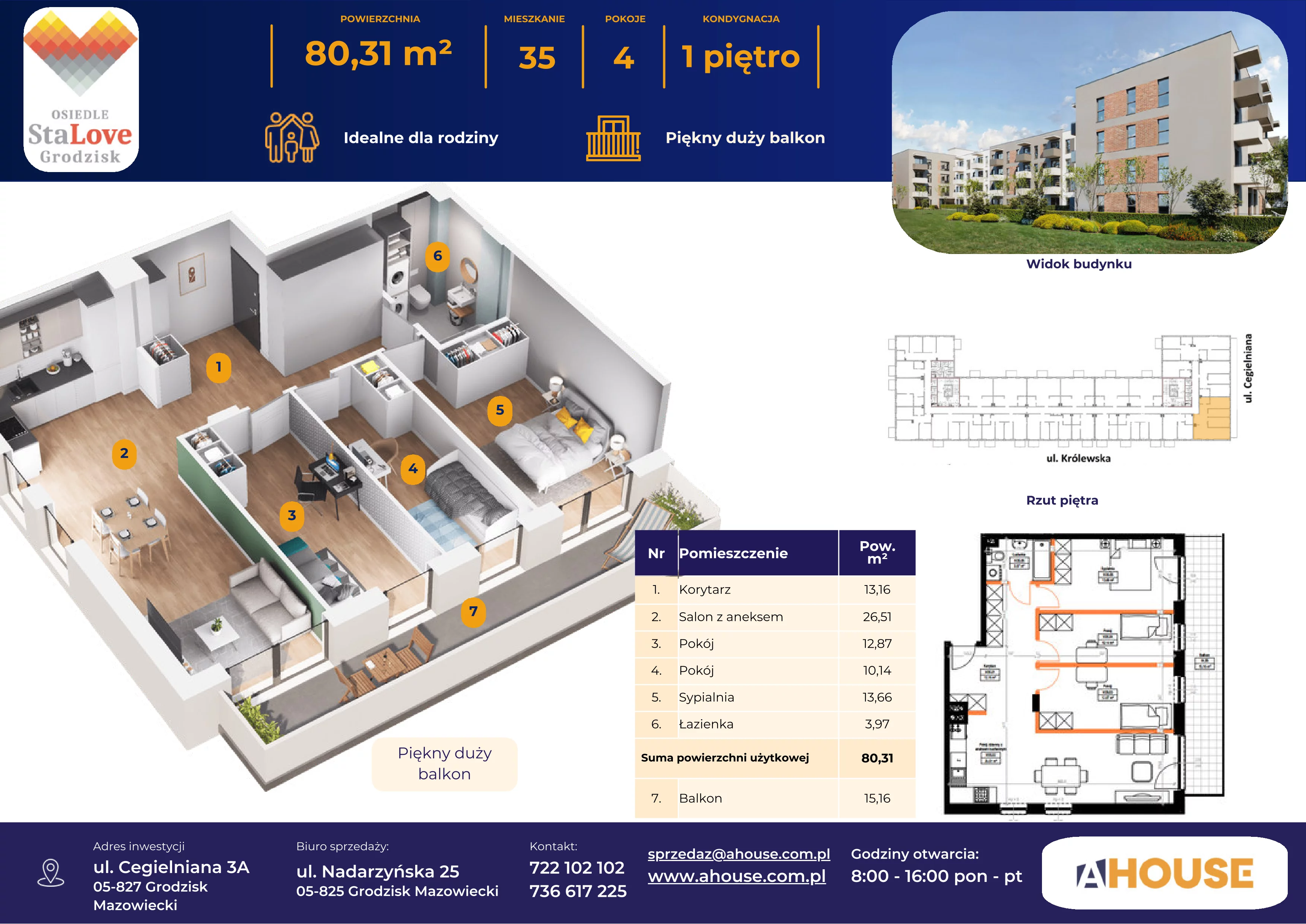 4 pokoje, mieszkanie 80,39 m², piętro 1, oferta nr 35, Osiedle StaLove Etap II, Grodzisk Mazowiecki, ul. Cegielniana 3