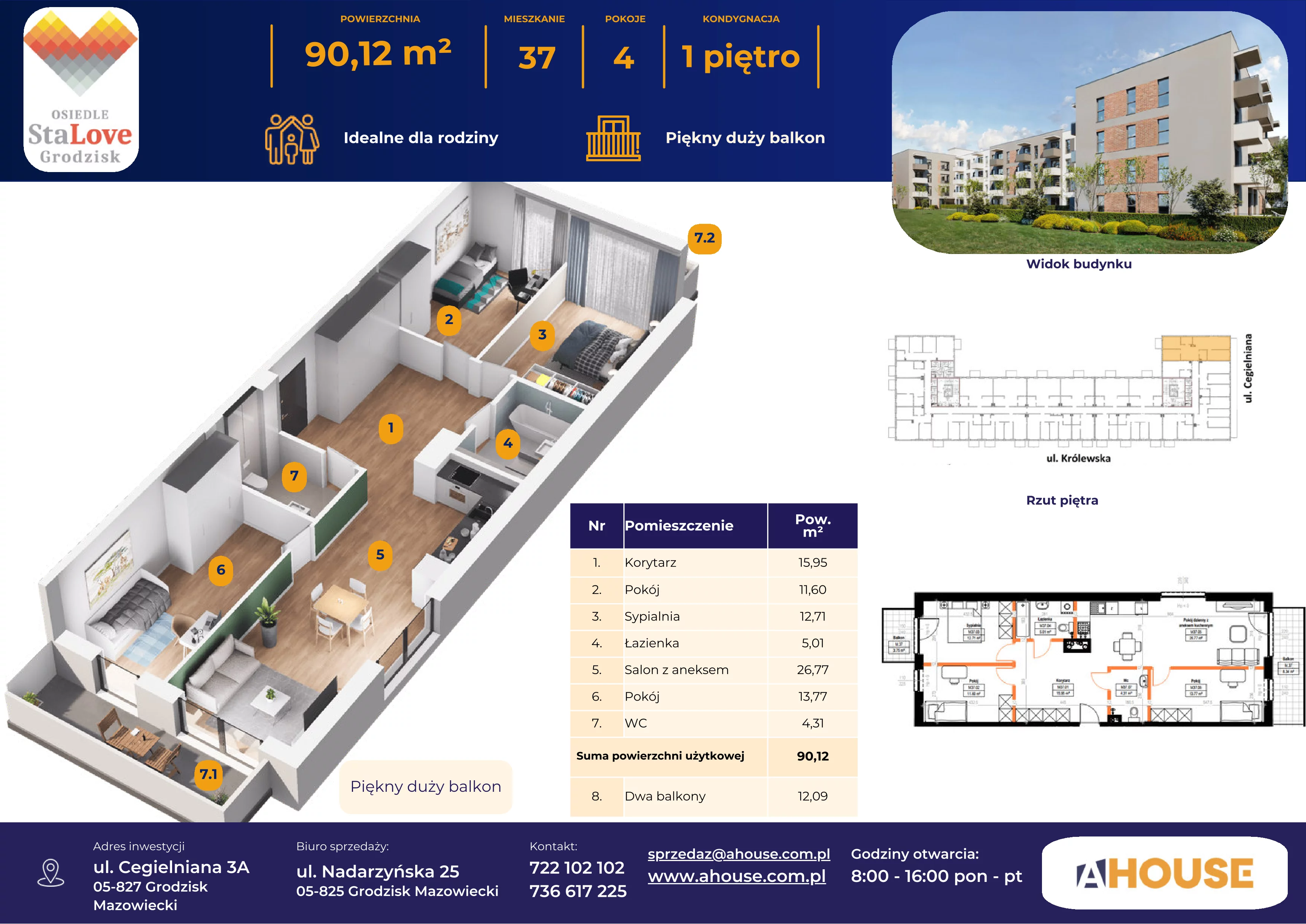 4 pokoje, mieszkanie 90,12 m², piętro 1, oferta nr 37, Osiedle StaLove Etap II, Grodzisk Mazowiecki, ul. Cegielniana 3