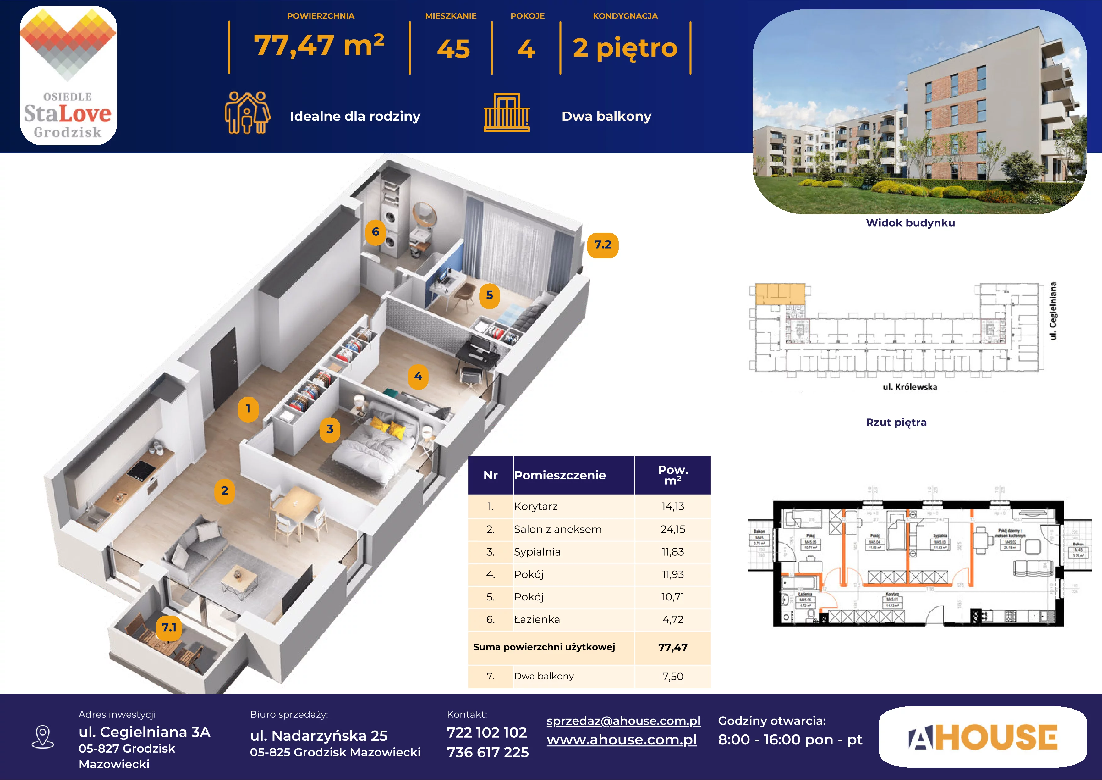 4 pokoje, mieszkanie 77,47 m², piętro 2, oferta nr 45, Osiedle StaLove Etap II, Grodzisk Mazowiecki, ul. Cegielniana 3