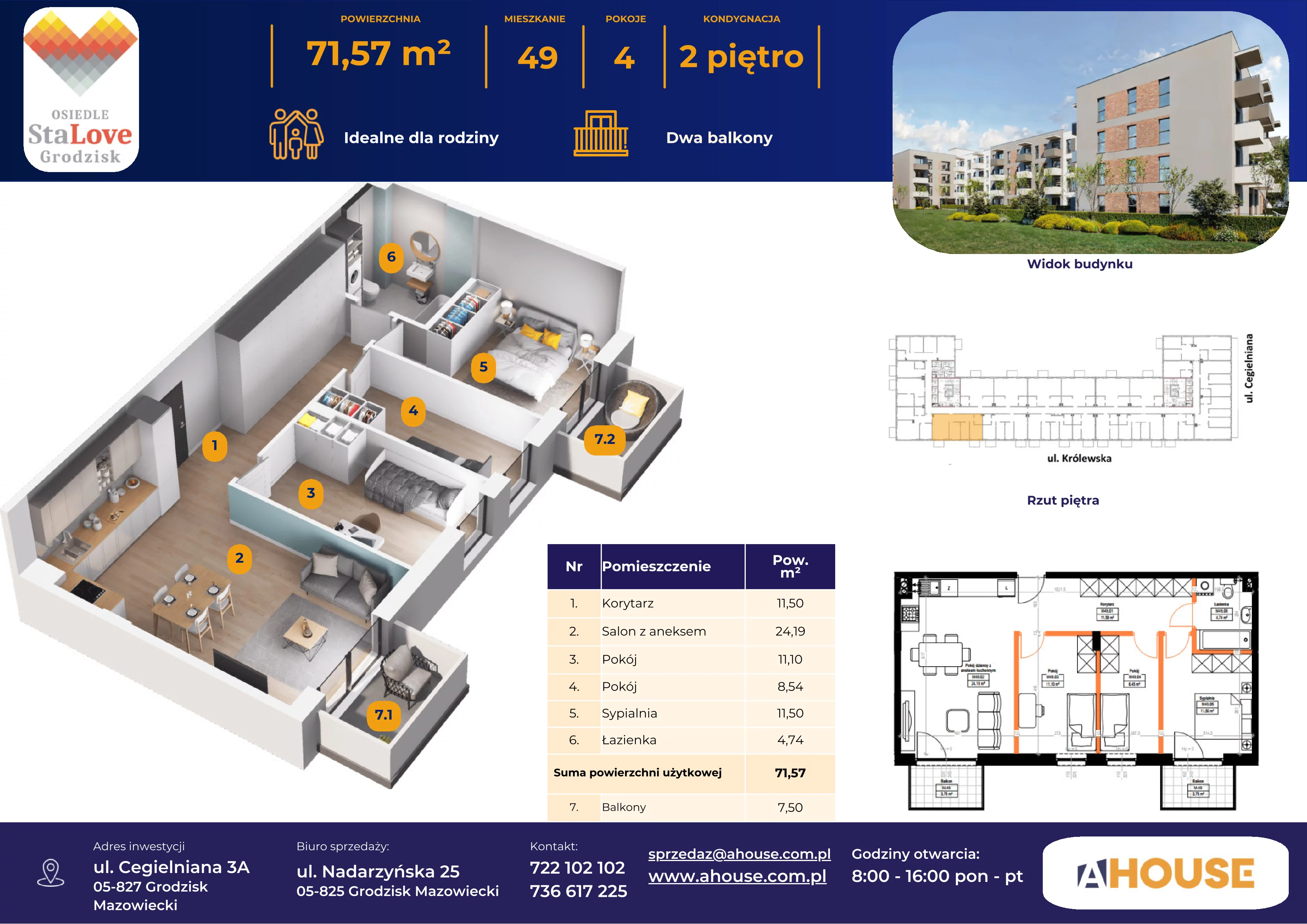 4 pokoje, mieszkanie 71,50 m², piętro 2, oferta nr 49, Osiedle StaLove Etap II, Grodzisk Mazowiecki, ul. Cegielniana 3