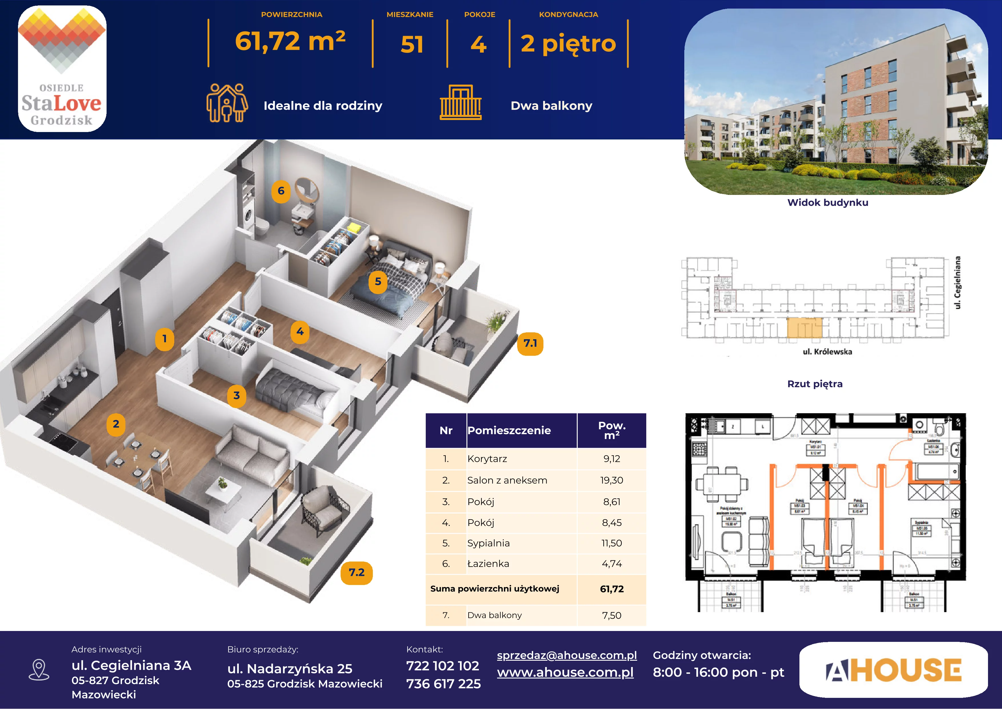 4 pokoje, mieszkanie 61,72 m², piętro 2, oferta nr 51, Osiedle StaLove Etap II, Grodzisk Mazowiecki, ul. Cegielniana 3