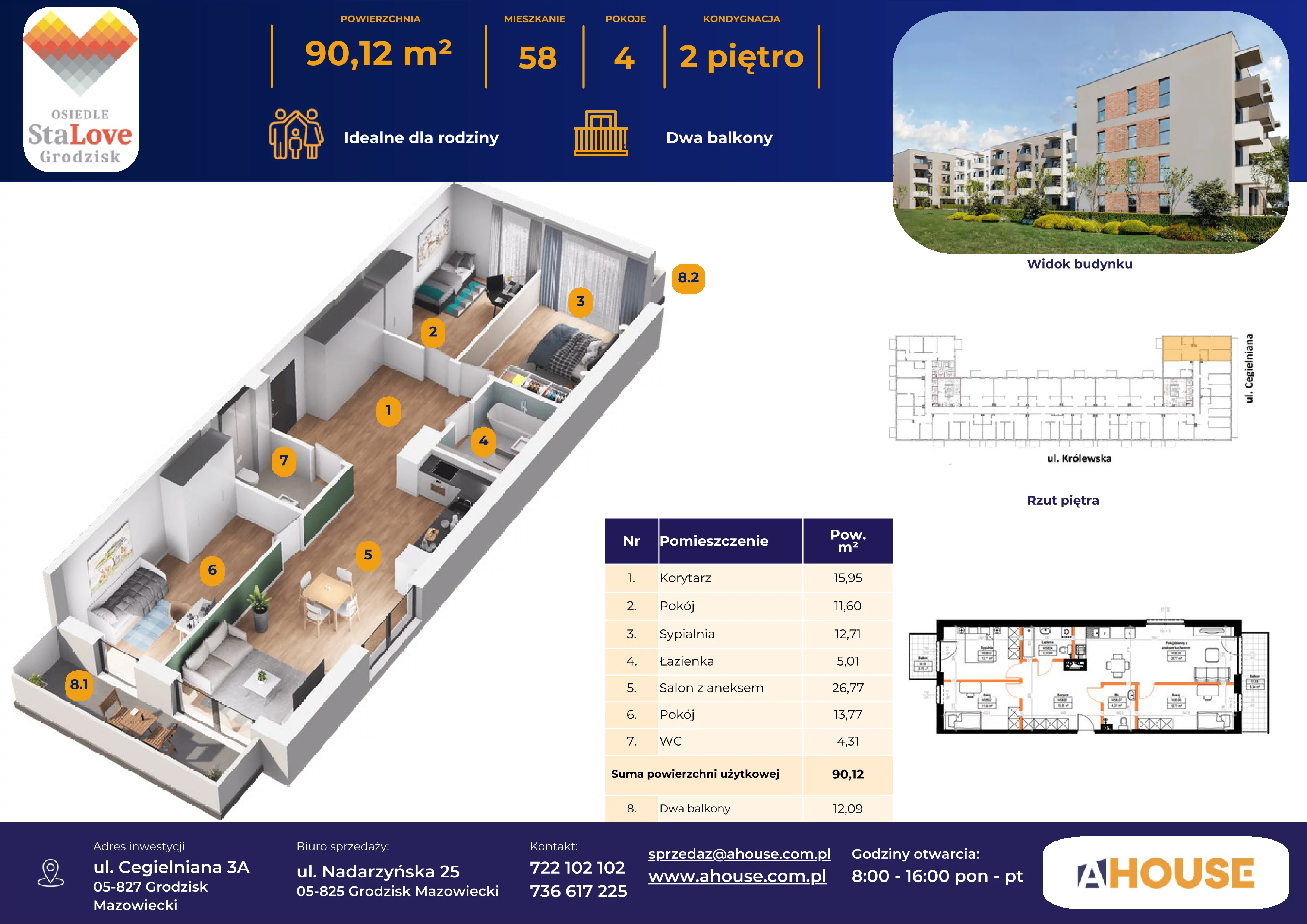 4 pokoje, mieszkanie 90,12 m², piętro 2, oferta nr 58, Osiedle StaLove Etap II, Grodzisk Mazowiecki, ul. Cegielniana 3