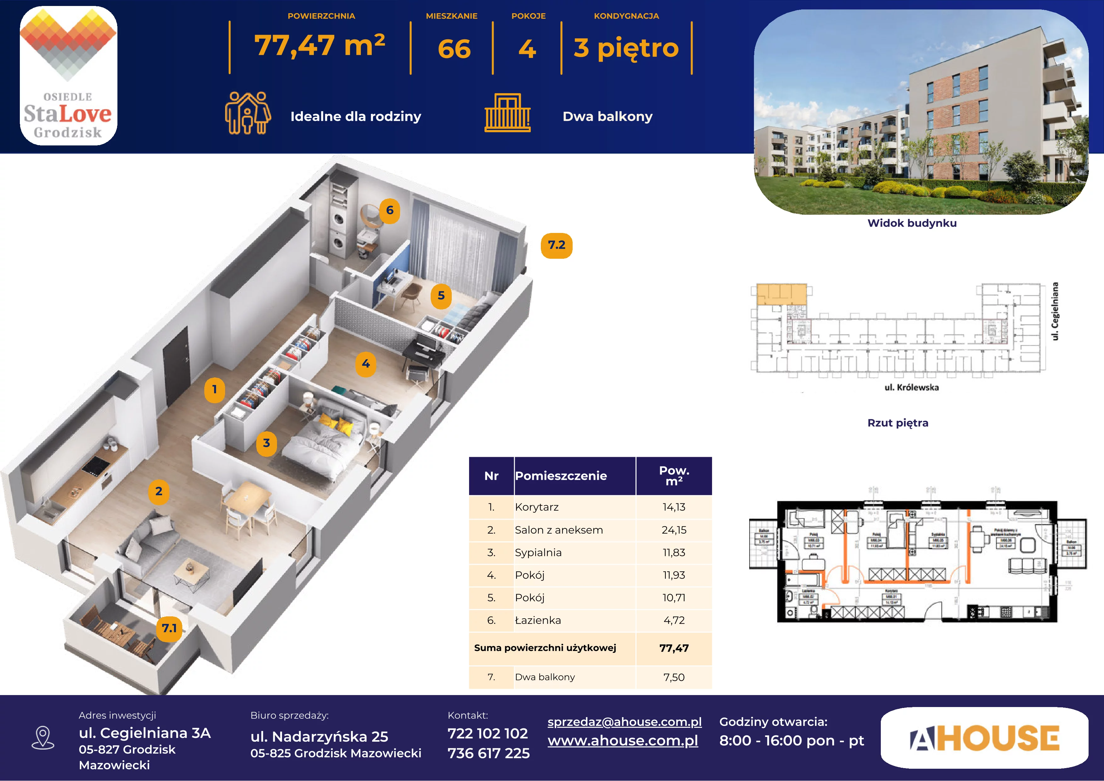 4 pokoje, mieszkanie 77,47 m², piętro 3, oferta nr 66, Osiedle StaLove Etap II, Grodzisk Mazowiecki, ul. Cegielniana 3