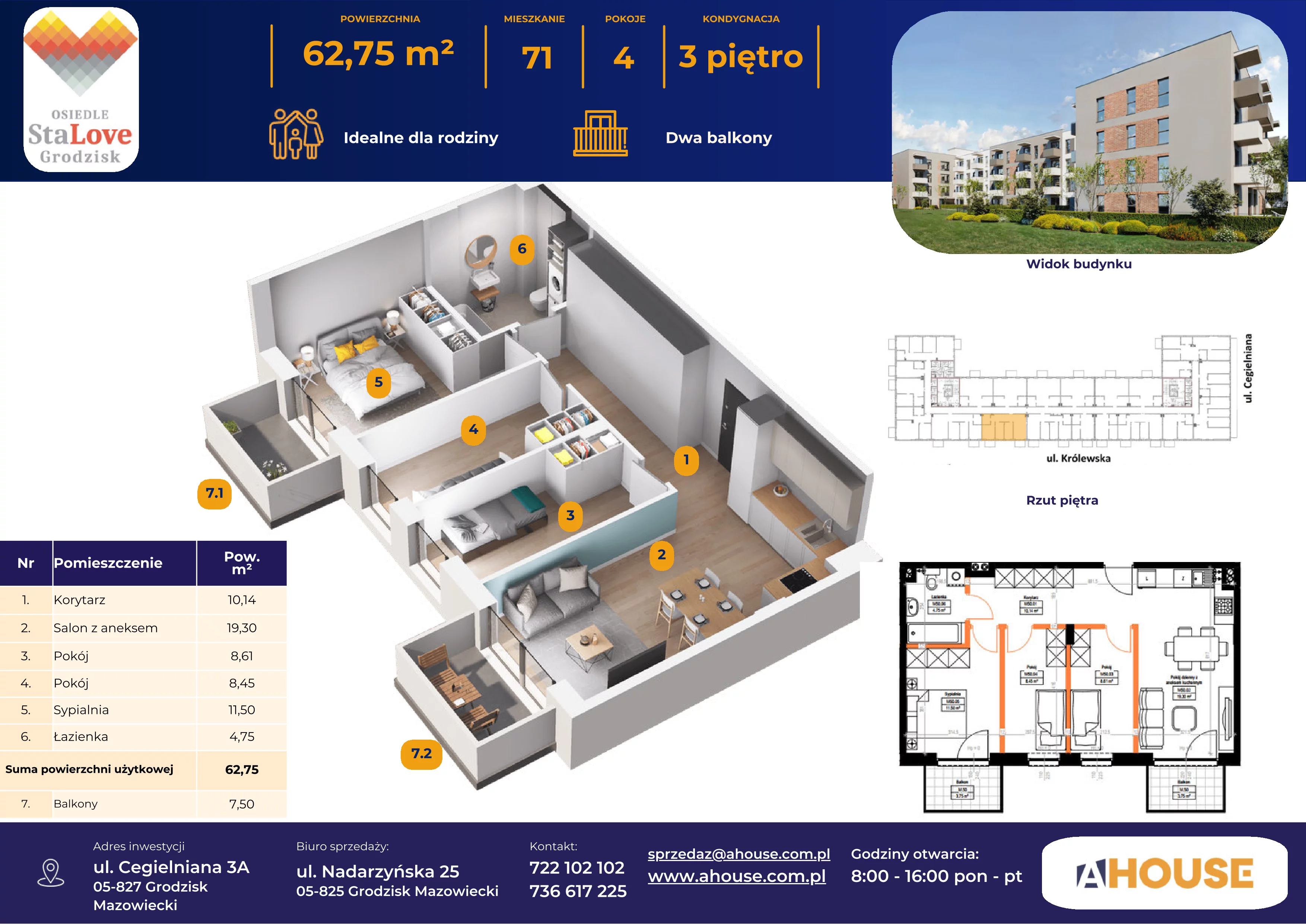 4 pokoje, mieszkanie 62,71 m², piętro 3, oferta nr 71, Osiedle StaLove Etap II, Grodzisk Mazowiecki, ul. Cegielniana 3