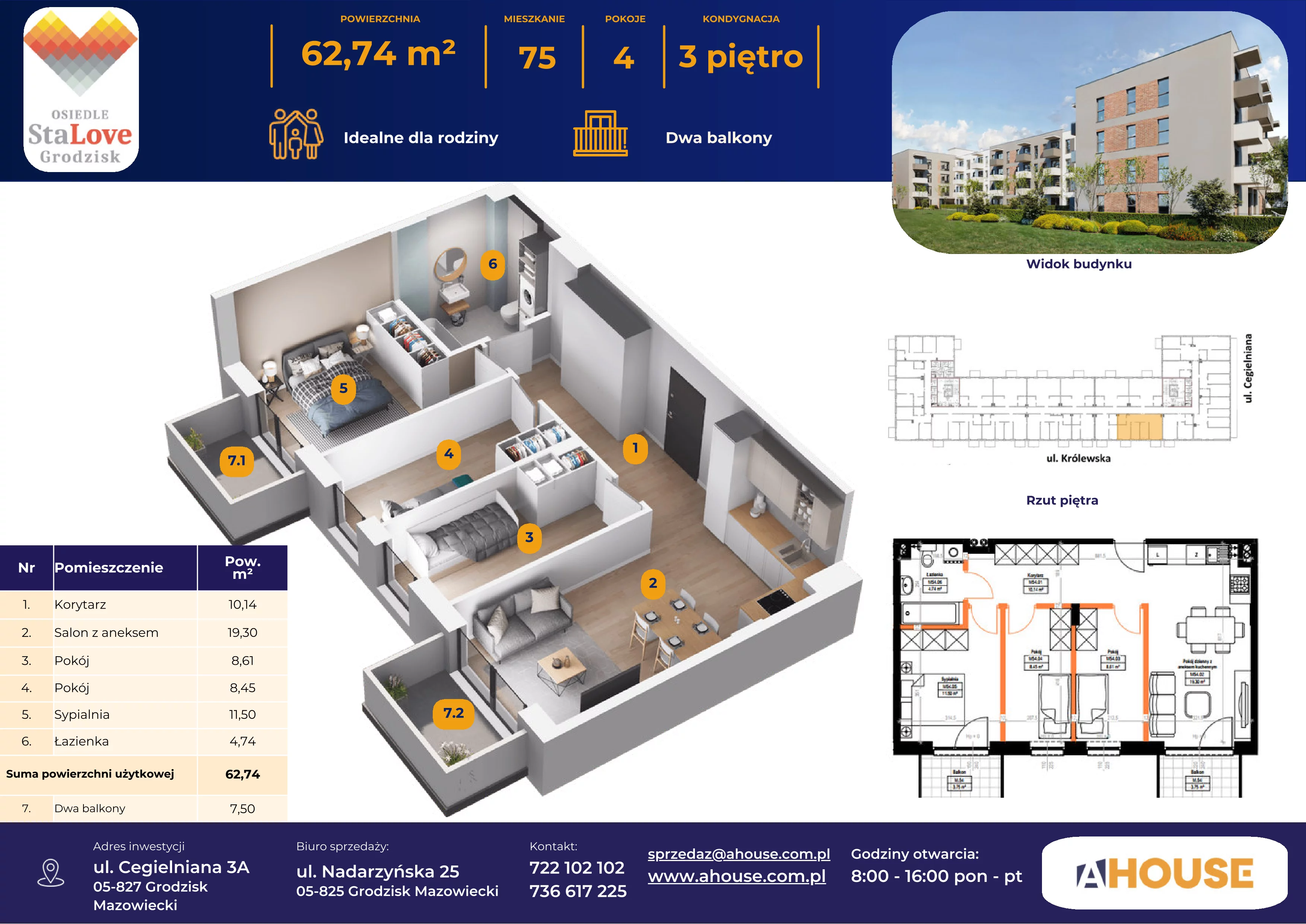 4 pokoje, mieszkanie 62,68 m², piętro 3, oferta nr 75, Osiedle StaLove Etap II, Grodzisk Mazowiecki, ul. Cegielniana 3