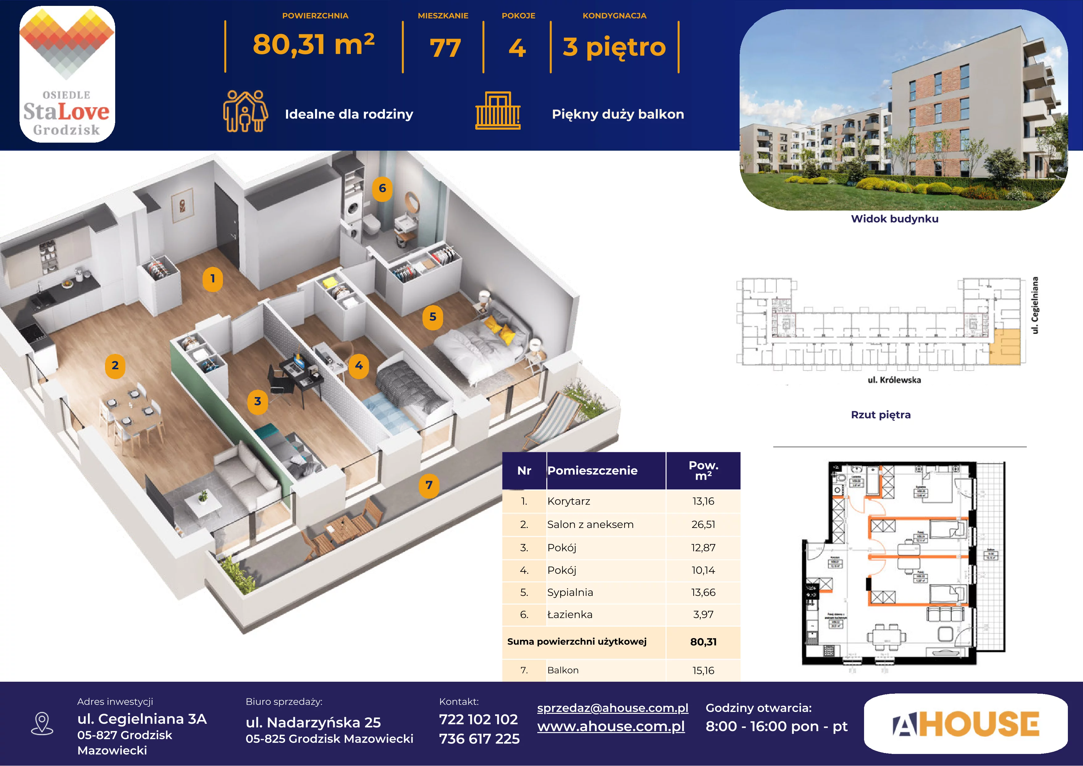 4 pokoje, mieszkanie 80,39 m², piętro 3, oferta nr 77, Osiedle StaLove Etap II, Grodzisk Mazowiecki, ul. Cegielniana 3