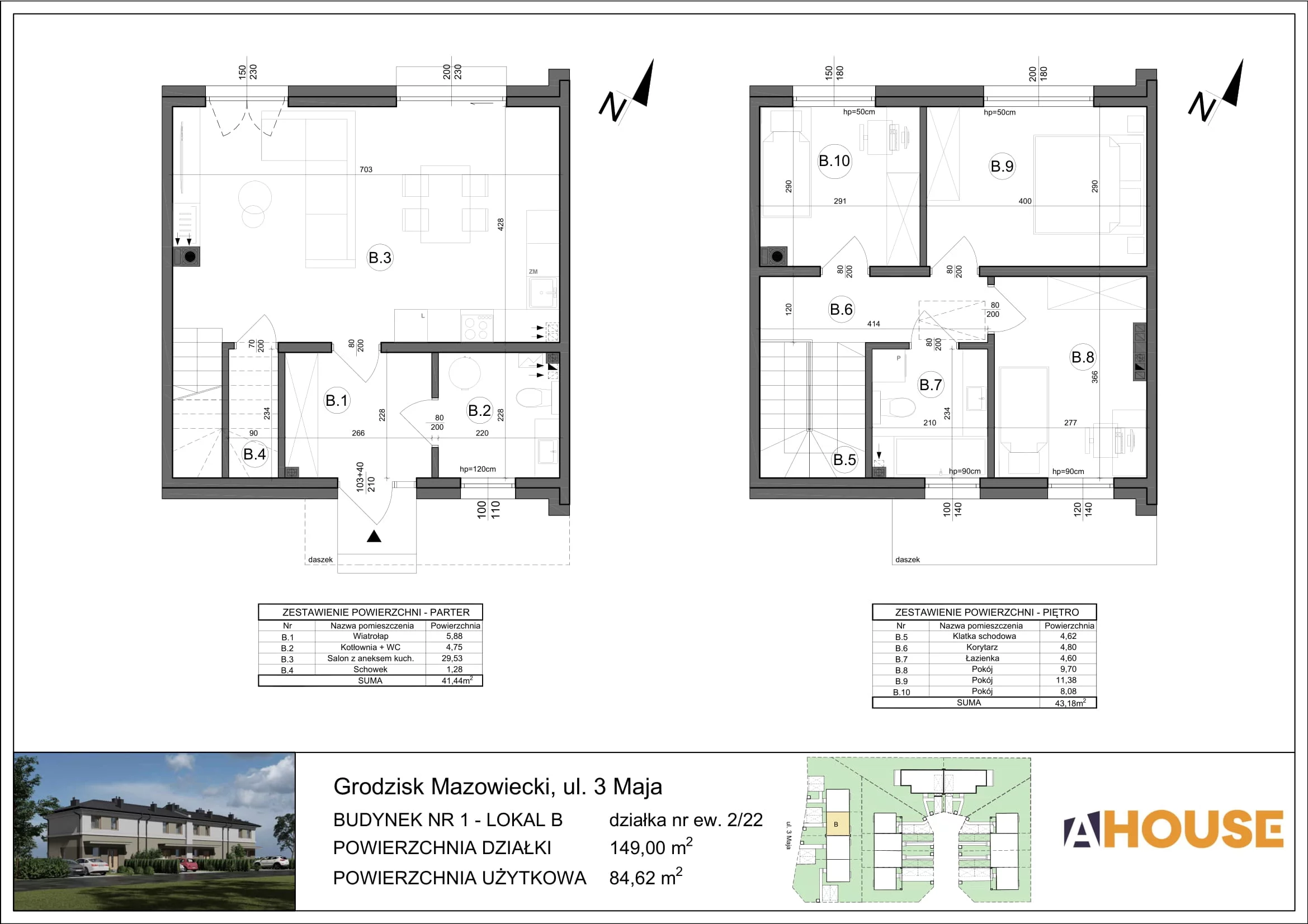 Dom 84,62 m², oferta nr 1B (2/22), Osiedle 3 Maja, Grodzisk Mazowiecki, ul.3 Maja 22