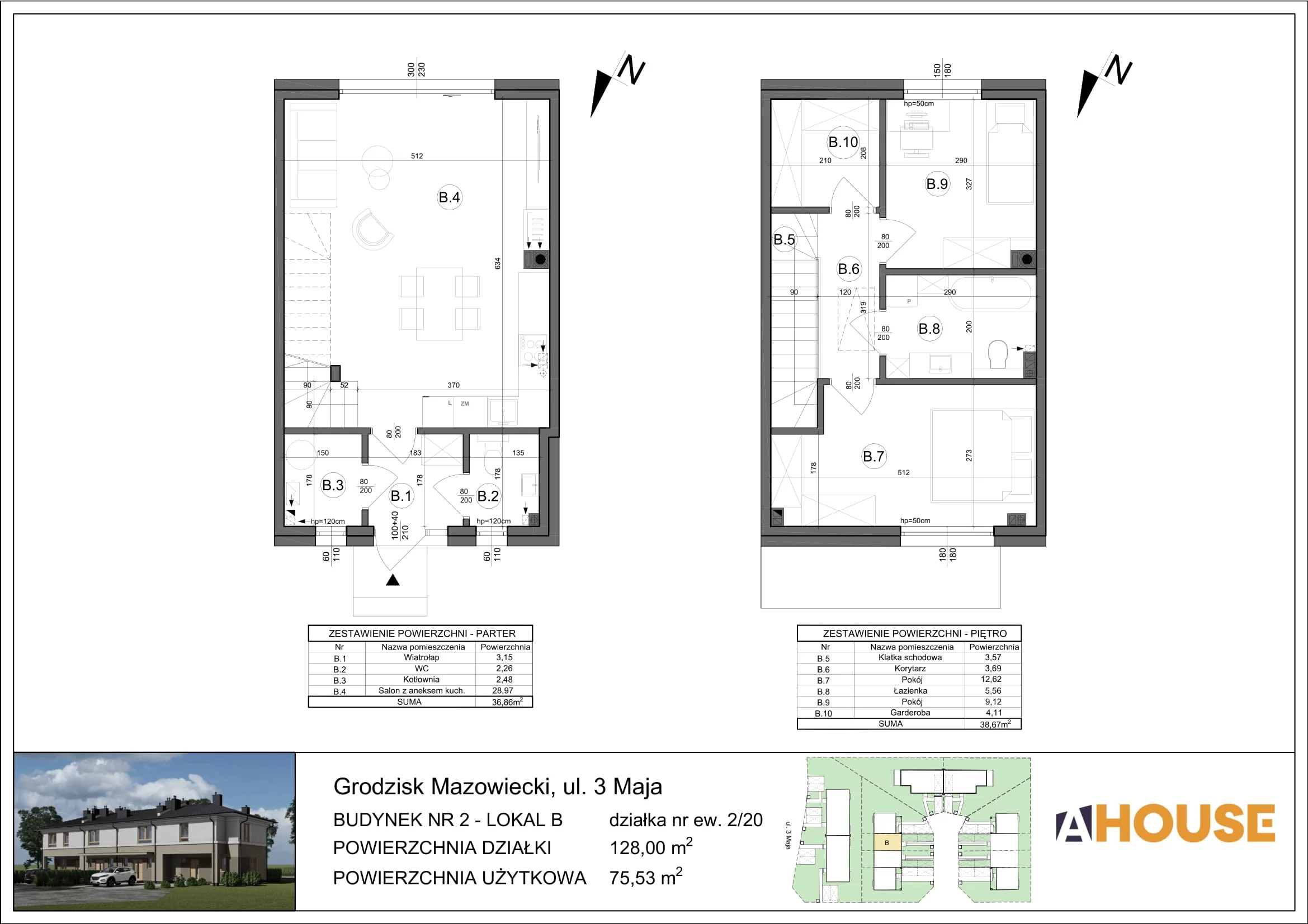 Dom 75,53 m², oferta nr 4B (2/20), Osiedle 3 Maja, Grodzisk Mazowiecki, ul.3 Maja 22