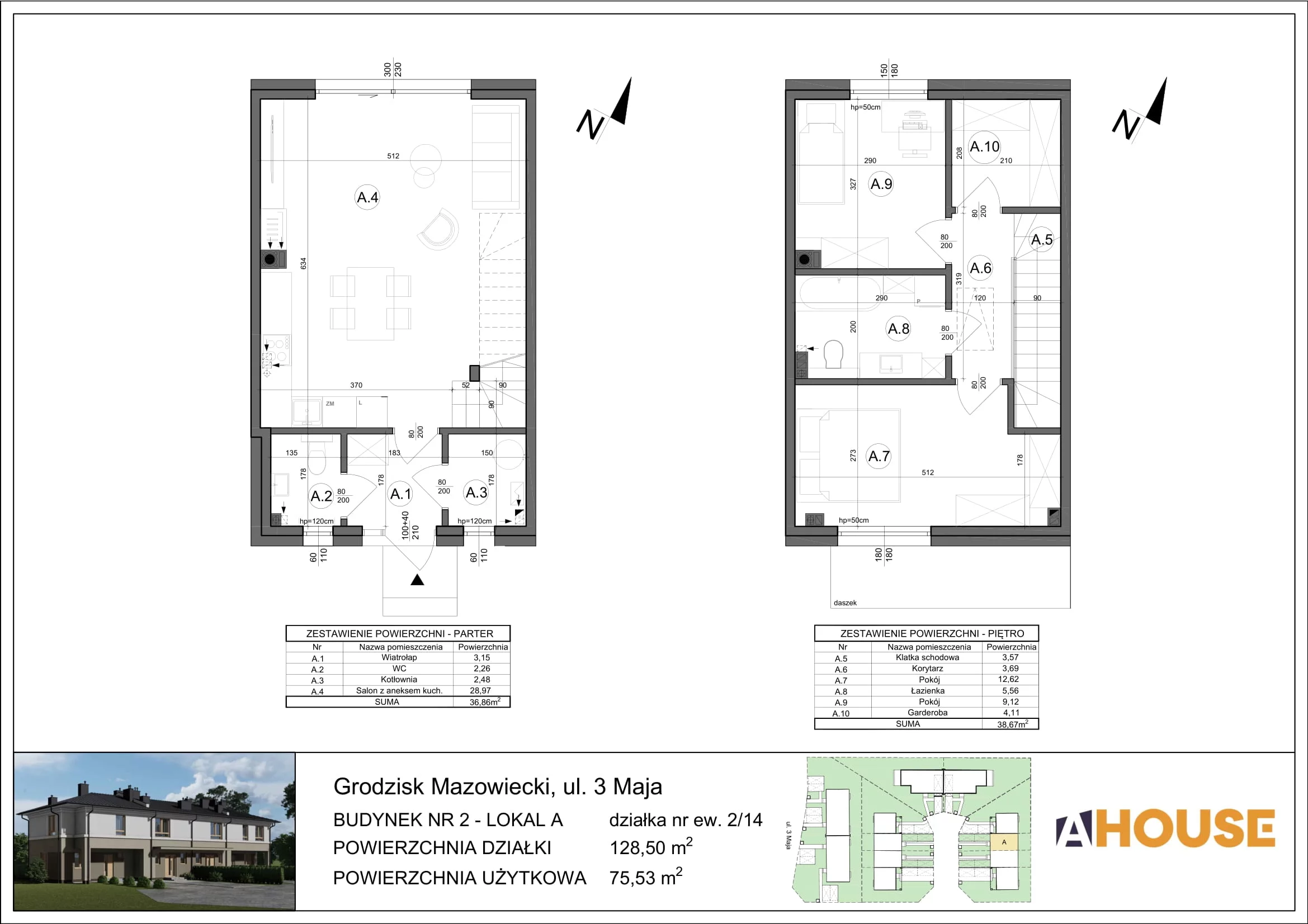 Dom 75,53 m², oferta nr 9A (2/14), Osiedle 3 Maja, Grodzisk Mazowiecki, ul.3 Maja 22
