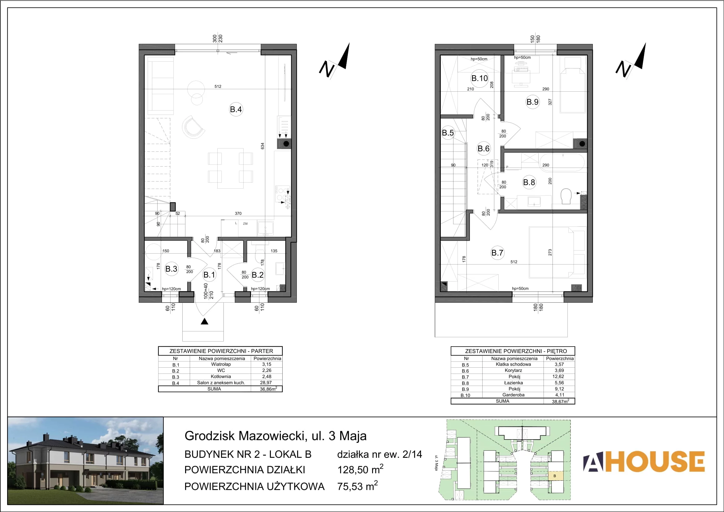 Dom 75,53 m², oferta nr 9B (2/14), Osiedle 3 Maja, Grodzisk Mazowiecki, ul.3 Maja 22