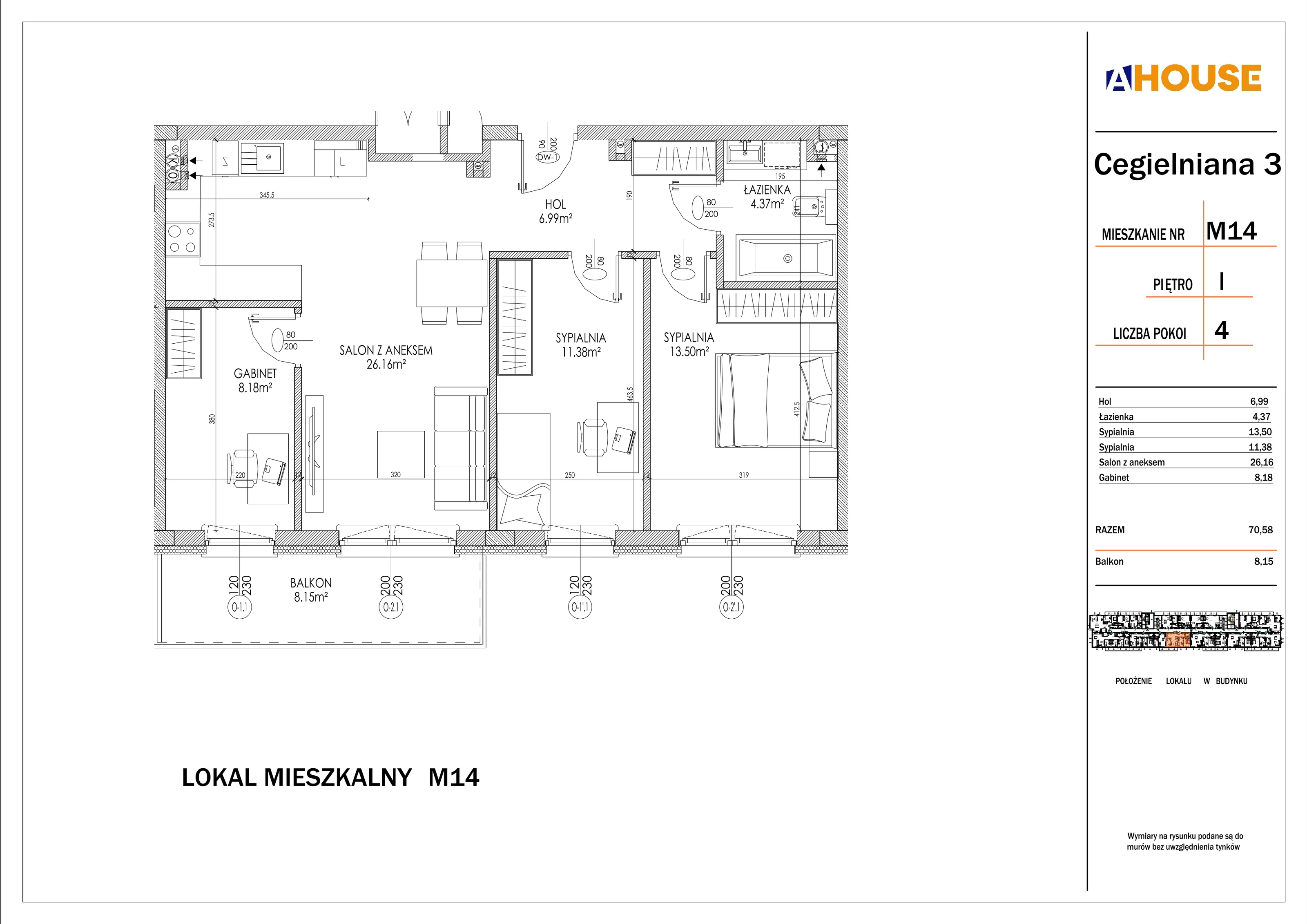 4 pokoje, mieszkanie 70,58 m², piętro 1, oferta nr 14, Osiedle StaLove Etap I, Grodzisk Mazowiecki, ul. Cegielniana 3